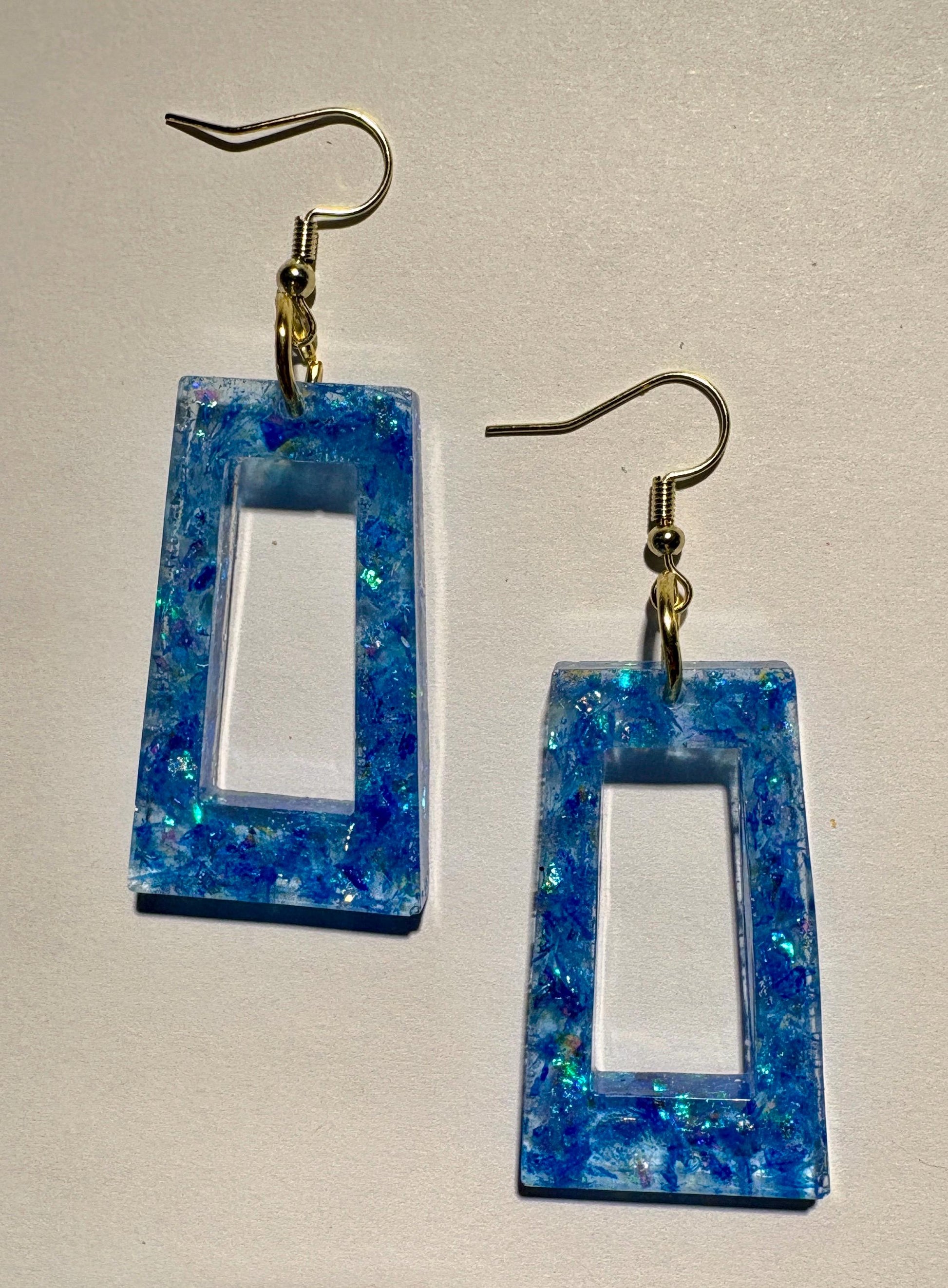 Handmade Glitter Resin Rectangle Earrings | Blue Sparkle Dangle Earrings Consecrated Jewelry Co.