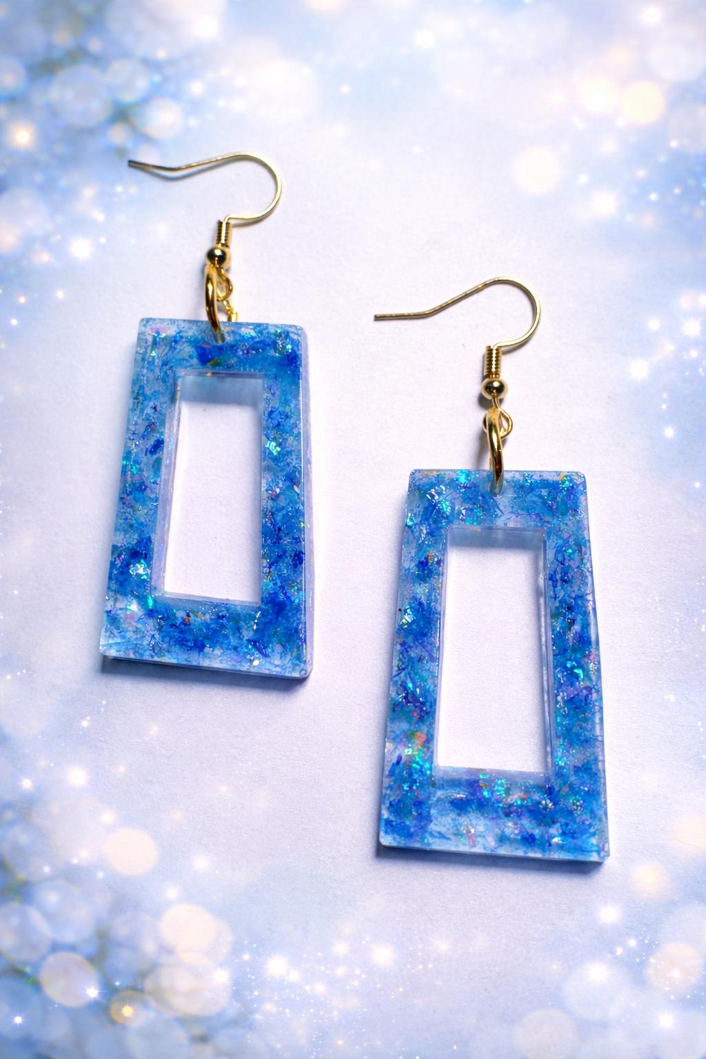 Handmade Glitter Resin Rectangle Earrings | Blue Sparkle Dangle Earrings Consecrated Jewelry Co.