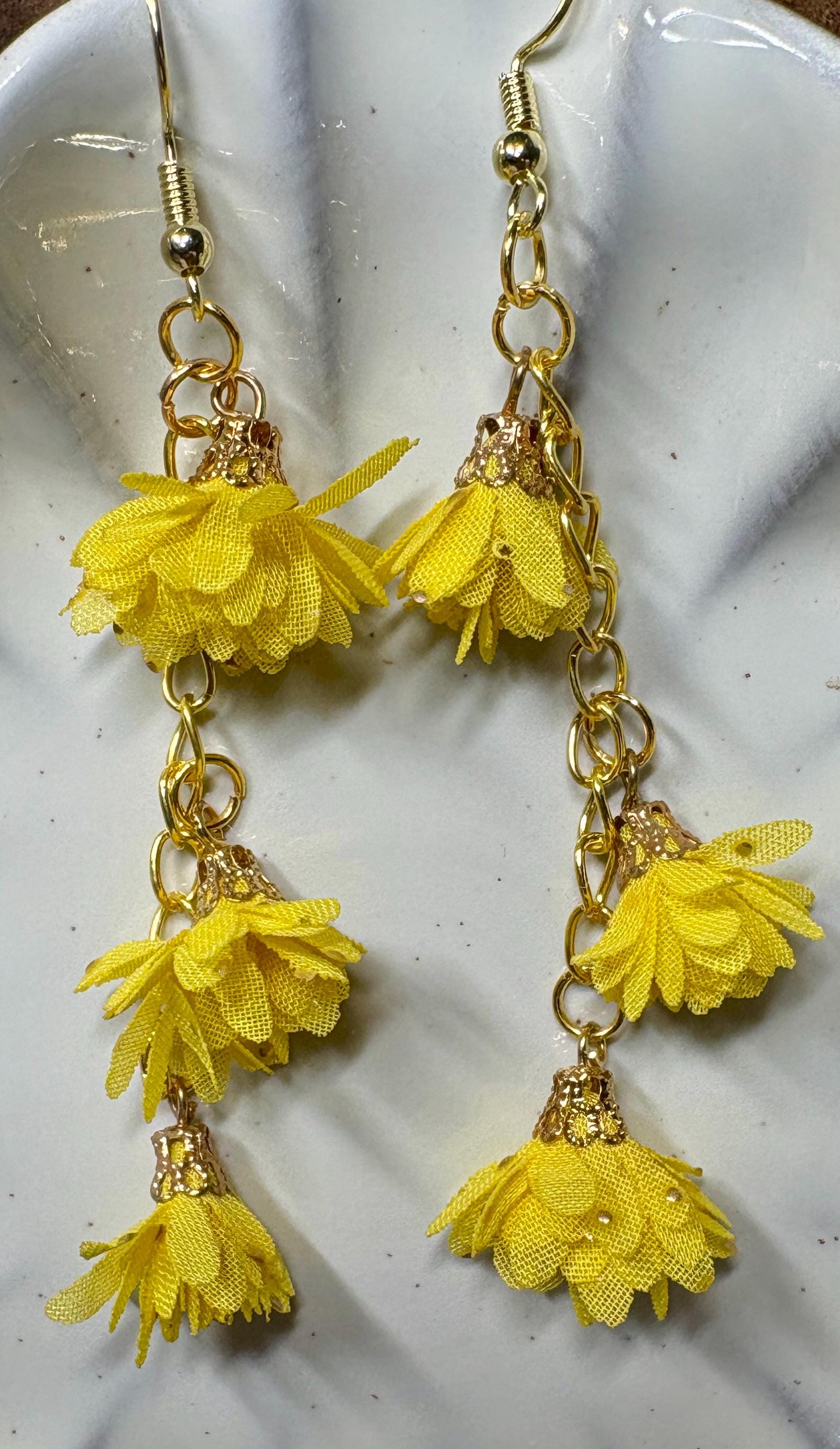 Gold Dangle Earrings | Yellow Floral 3-Tiered Flower Botanical Earrings Consecrated Jewelry Co.