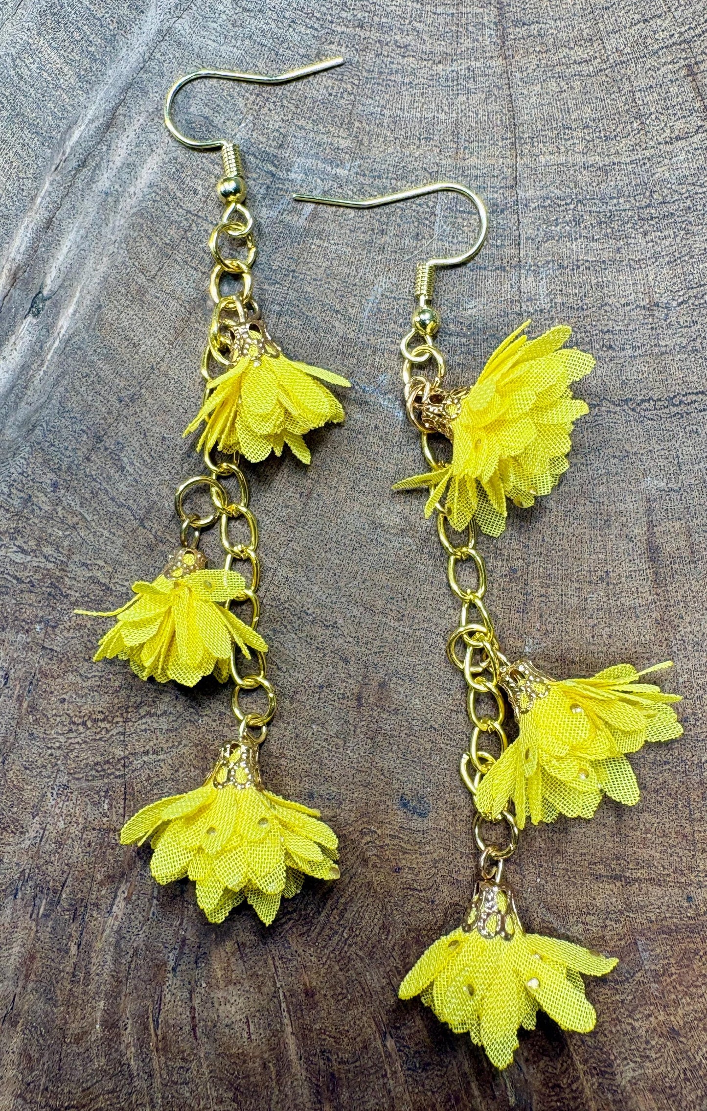 Gold Dangle Earrings | Yellow Floral 3-Tiered Flower Botanical Earrings Consecrated Jewelry Co.