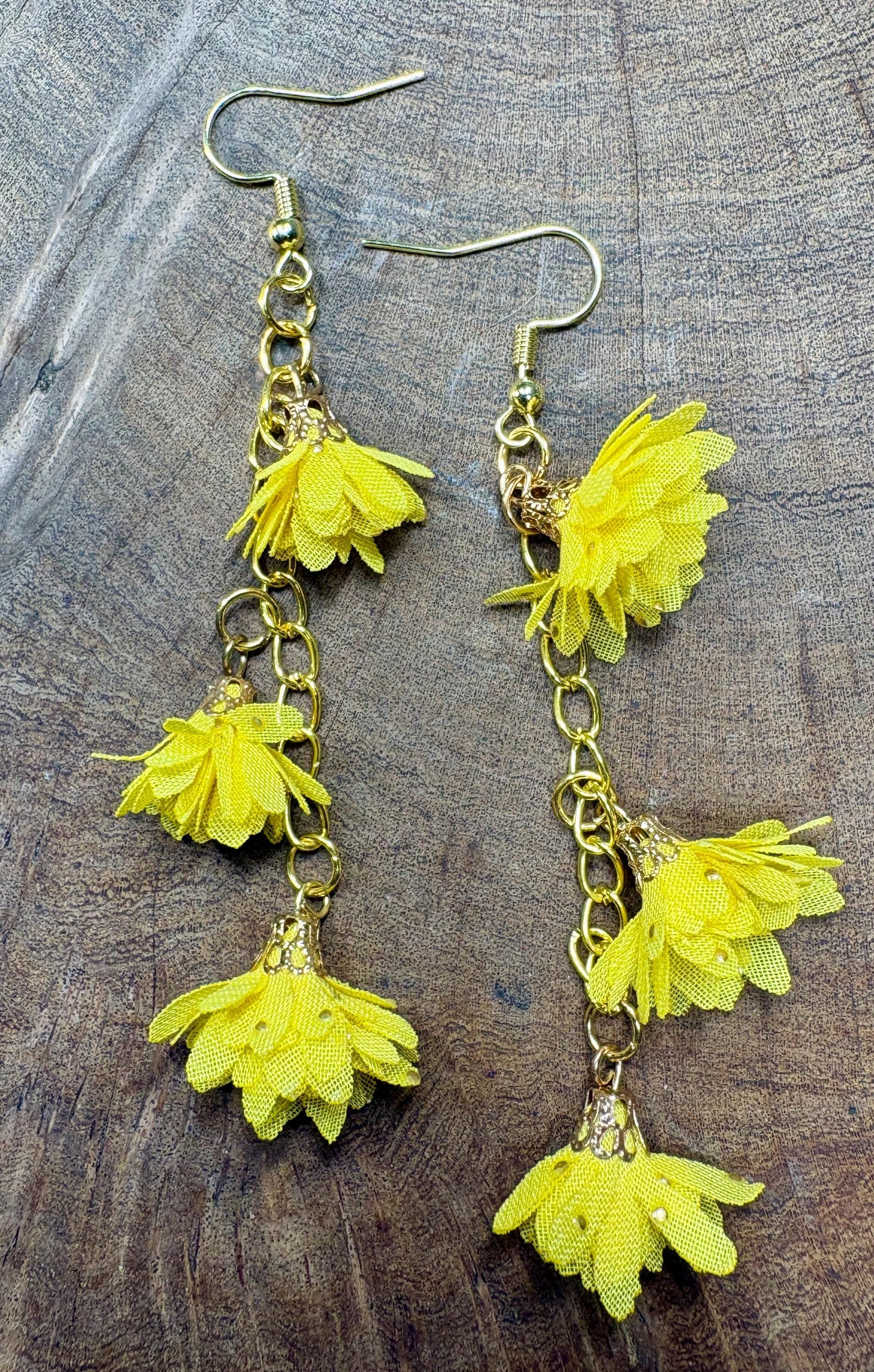 Gold Dangle Earrings | Yellow Floral 3-Tiered Flower Botanical Earrings Consecrated Jewelry Co.