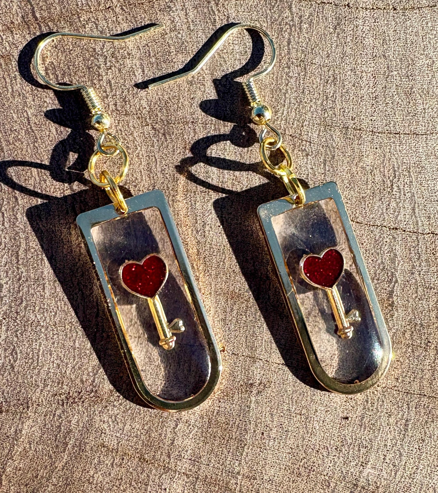 Gold Resin Heart & Key Dangle Earrings | Red Lock Romantic Earrings Consecrated Jewelry Co.