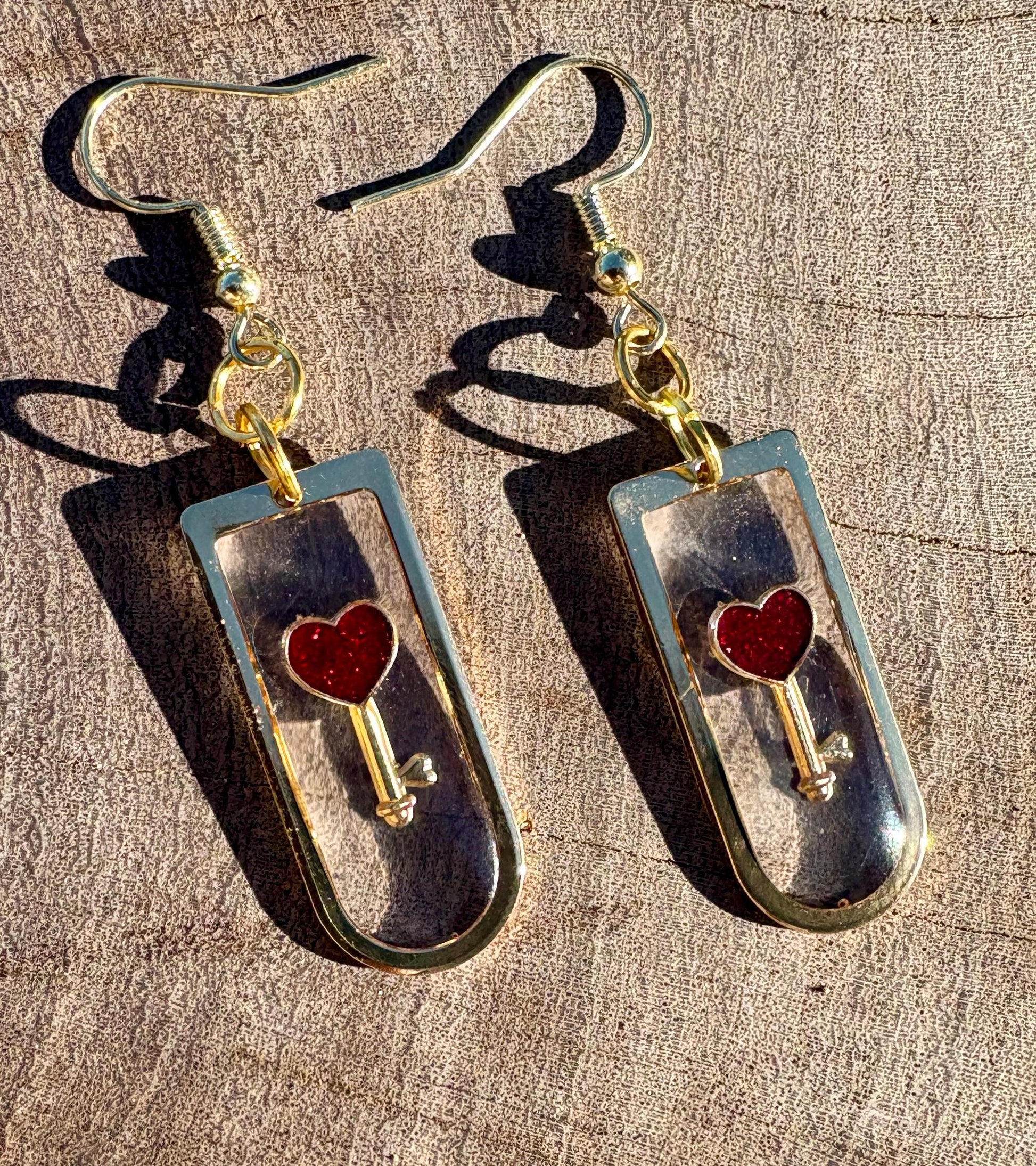 Gold Resin Heart & Key Dangle Earrings | Red Lock Romantic Earrings Consecrated Jewelry Co.