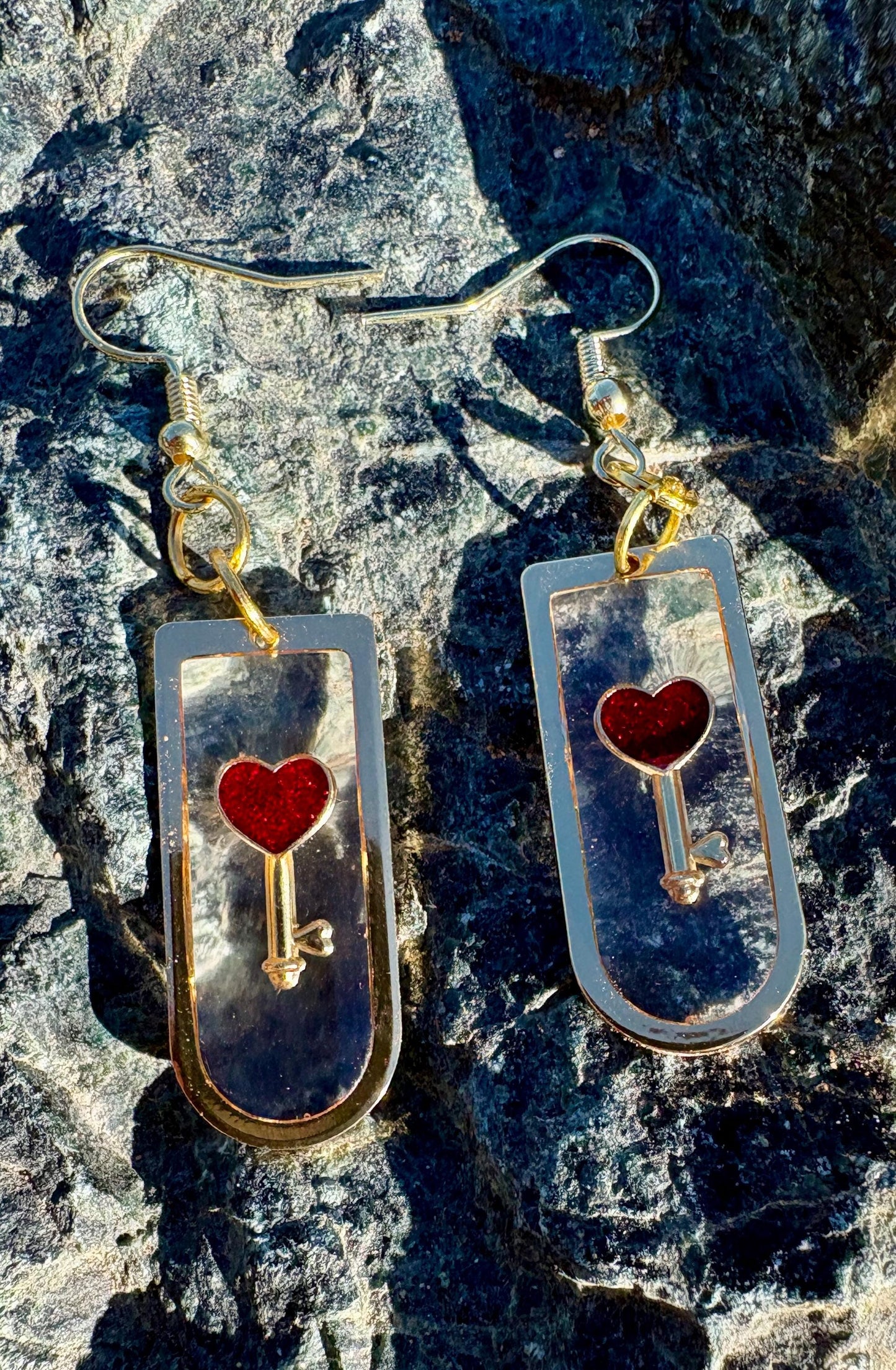 Gold Resin Heart & Key Dangle Earrings | Red Lock Romantic Earrings Consecrated Jewelry Co.