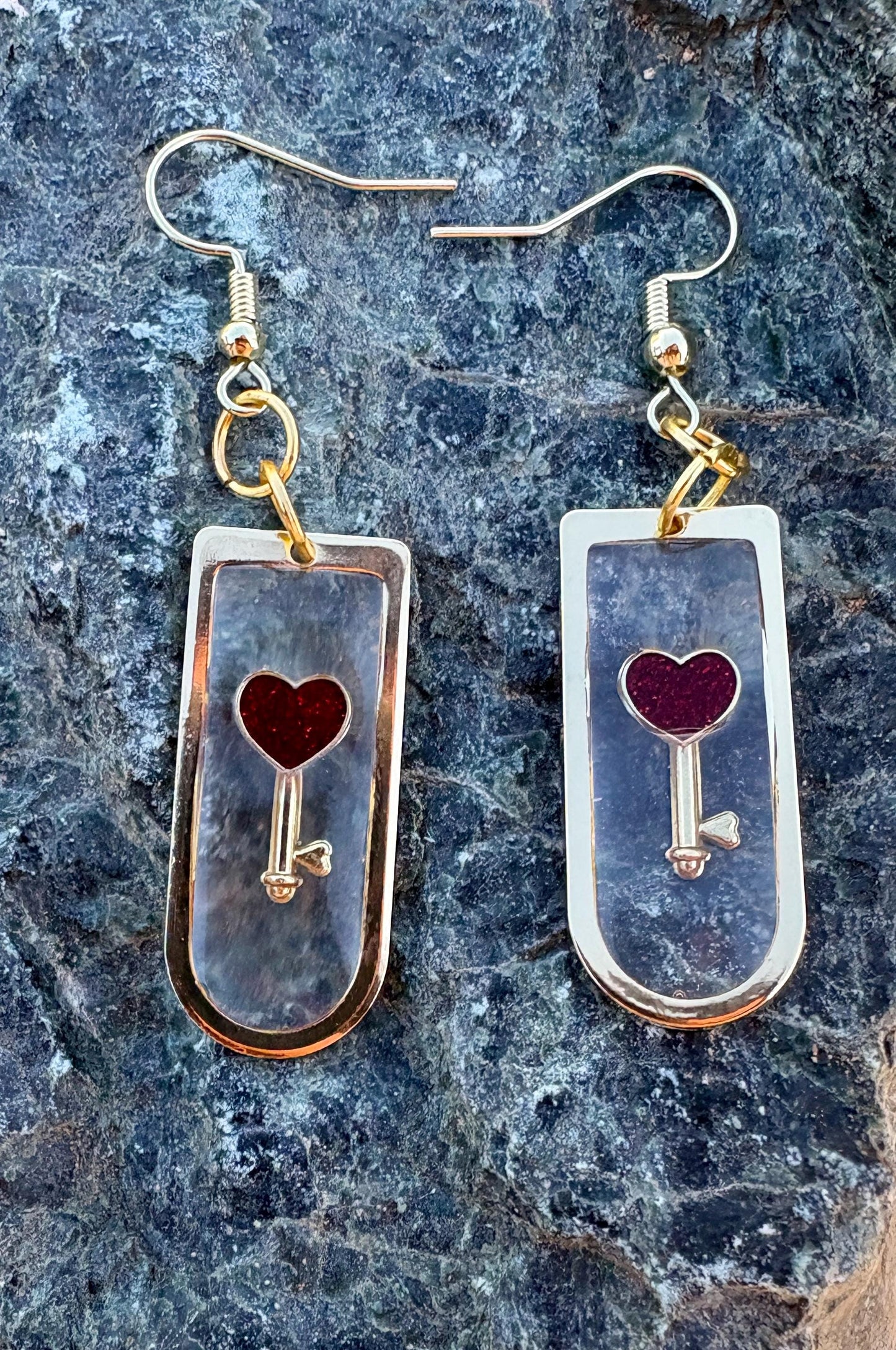 Gold Resin Heart & Key Dangle Earrings | Red Lock Romantic Earrings Consecrated Jewelry Co.
