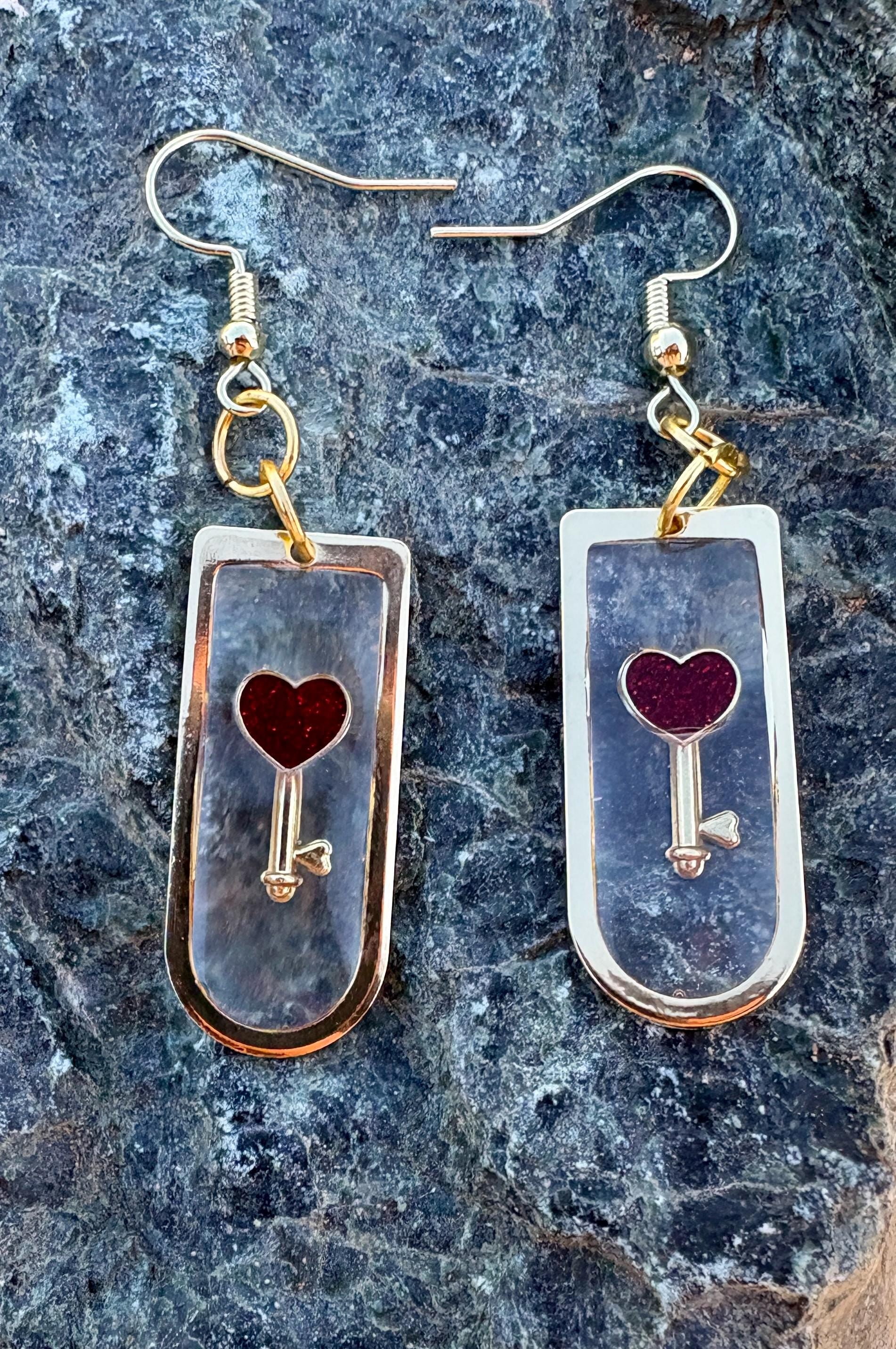 Gold Resin Heart & Key Dangle Earrings | Red Lock Romantic Earrings Consecrated Jewelry Co.