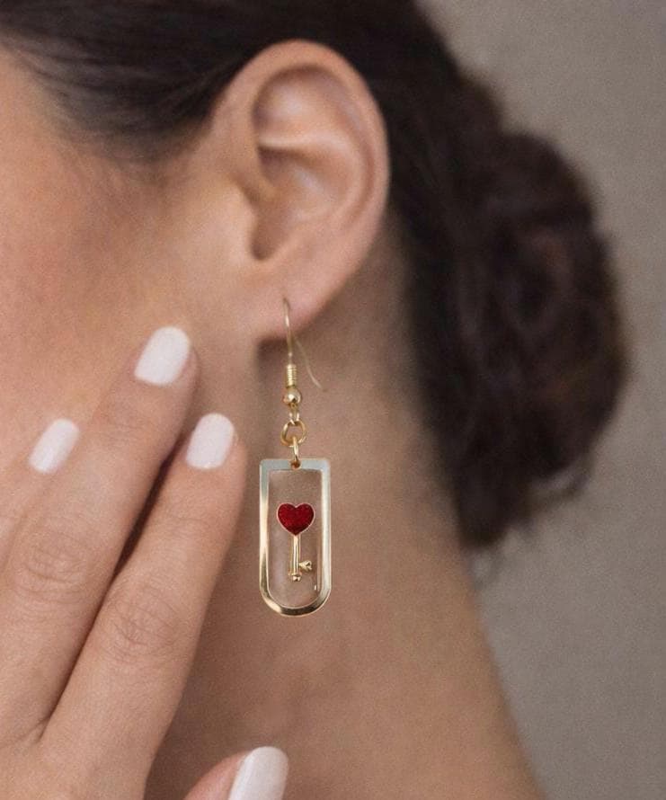 Gold Resin Heart & Key Dangle Earrings | Red Lock Romantic Earrings Consecrated Jewelry Co.