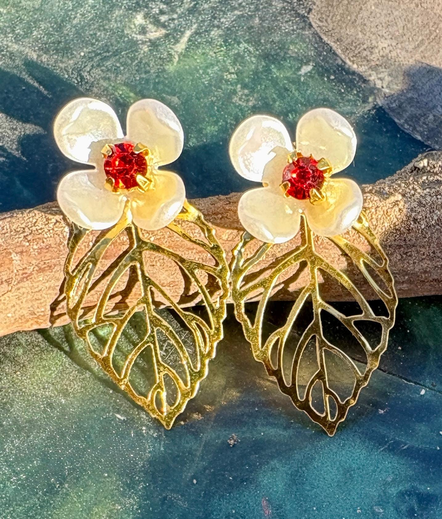 Gold Leaf White & Red Floral Earrings | Gemstone Cutout Leaf Earrings Consecrated Jewelry Co.