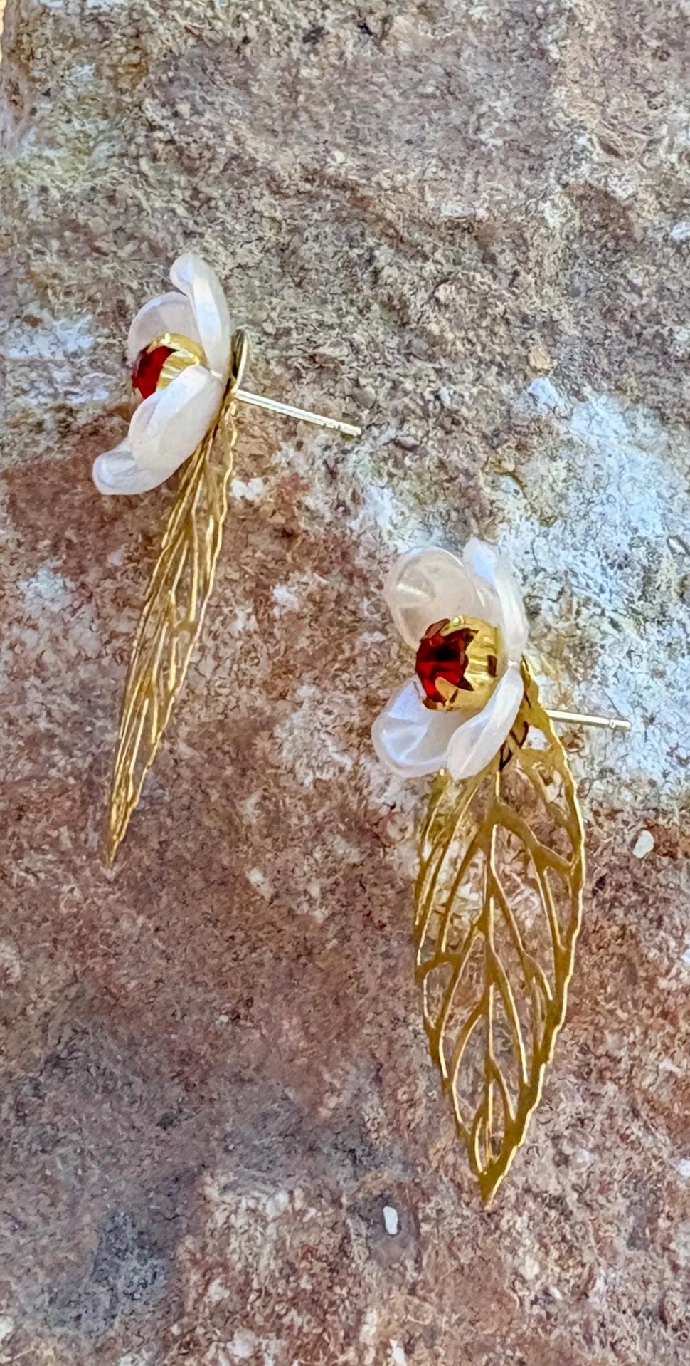 Gold Leaf White & Red Floral Earrings | Gemstone Cutout Leaf Earrings Consecrated Jewelry Co.