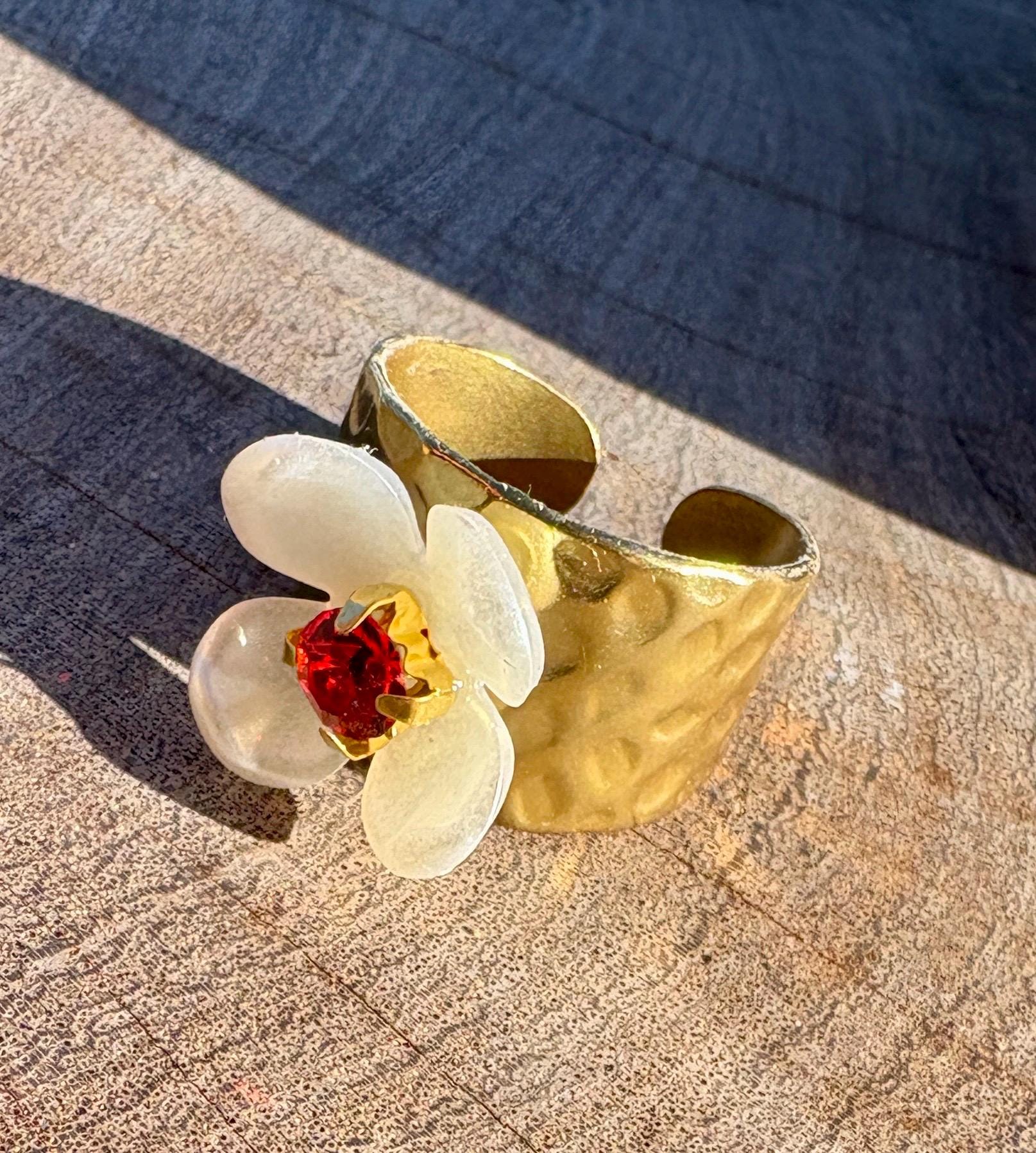 Gold Hammered Ring | White Flower & Red Gemstone Rings Consecrated Jewelry Co.