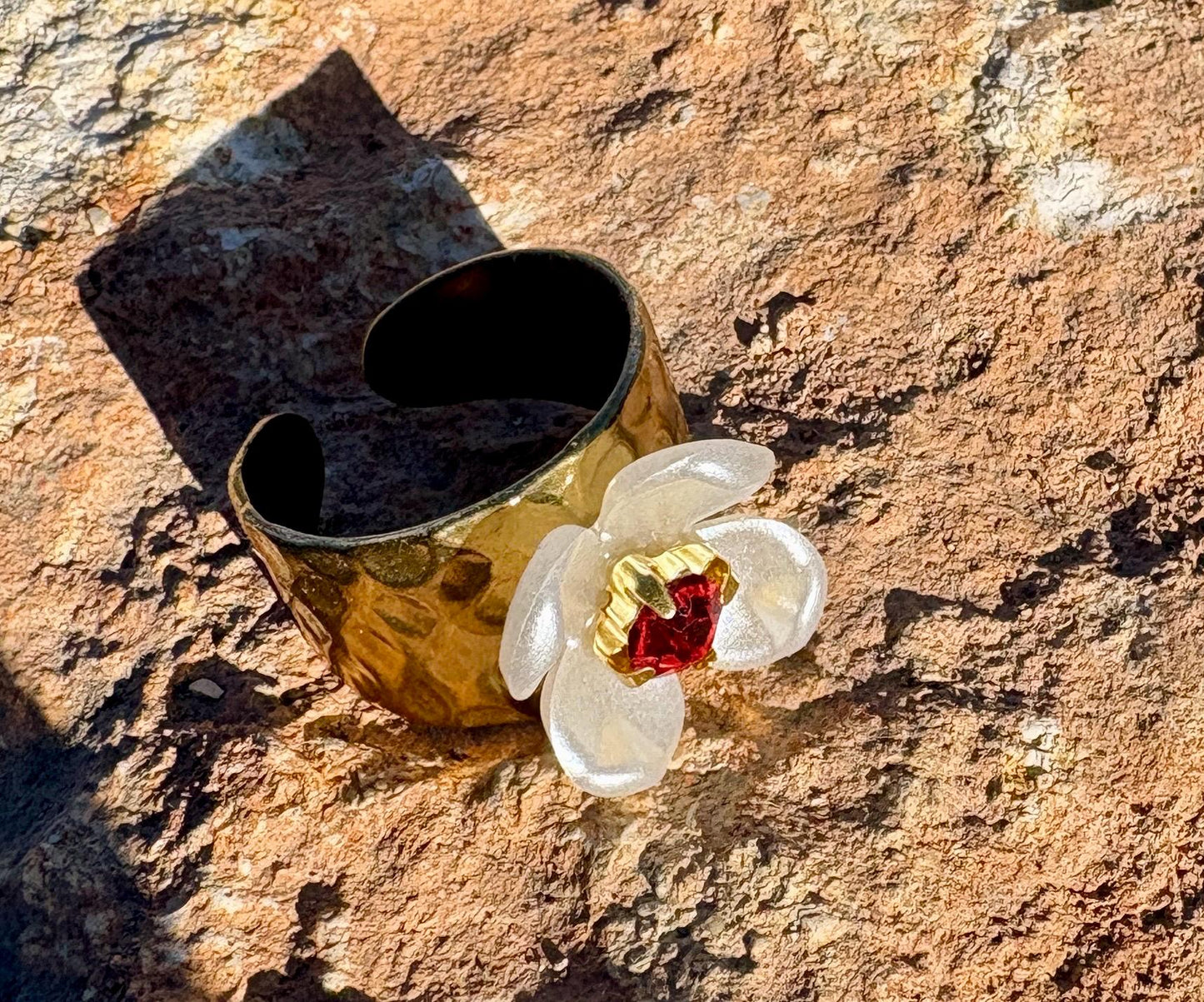 Gold Hammered Ring | White Flower & Red Gemstone Rings Consecrated Jewelry Co.