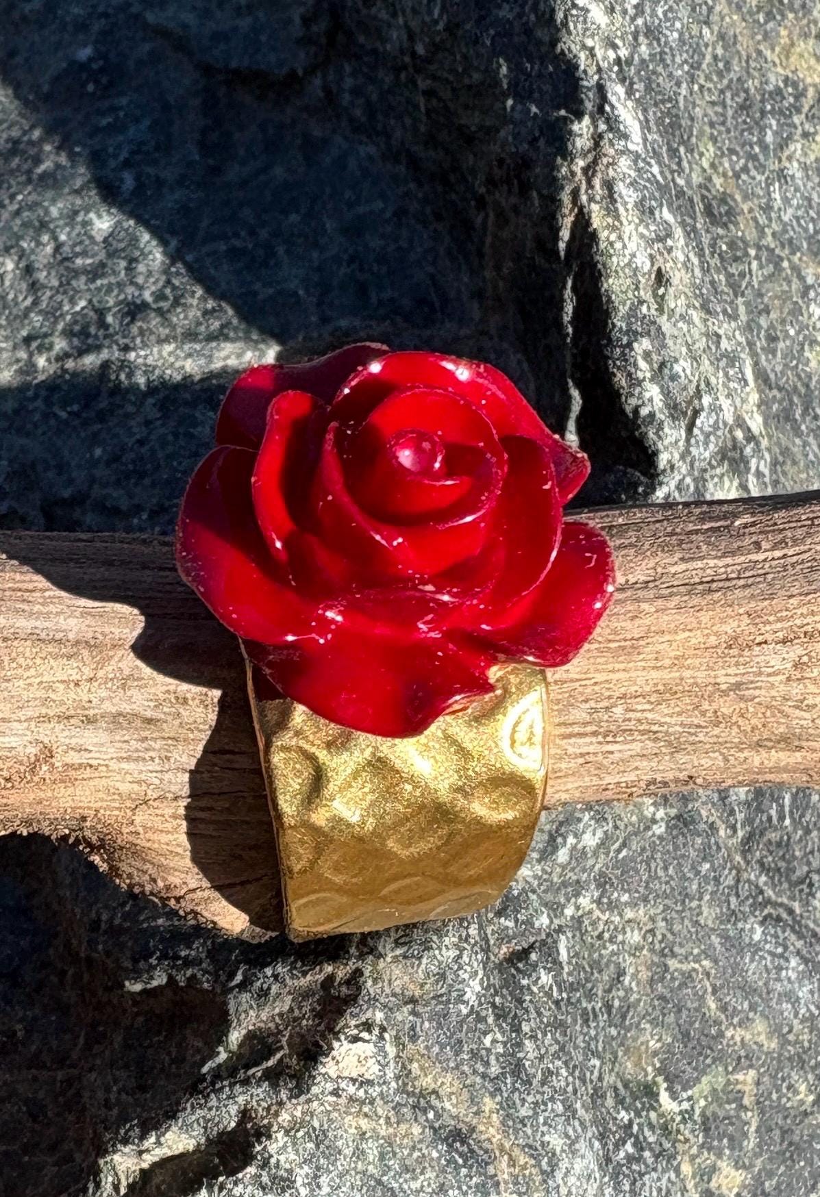Gold Hammered Ring | Red Rose Floral Carnation Rings Consecrated Jewelry Co.
