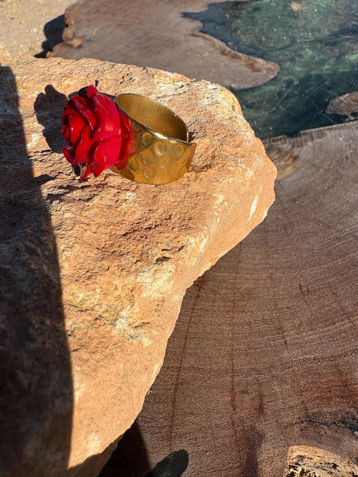 Gold Hammered Ring | Red Rose Floral Carnation Rings Consecrated Jewelry Co.