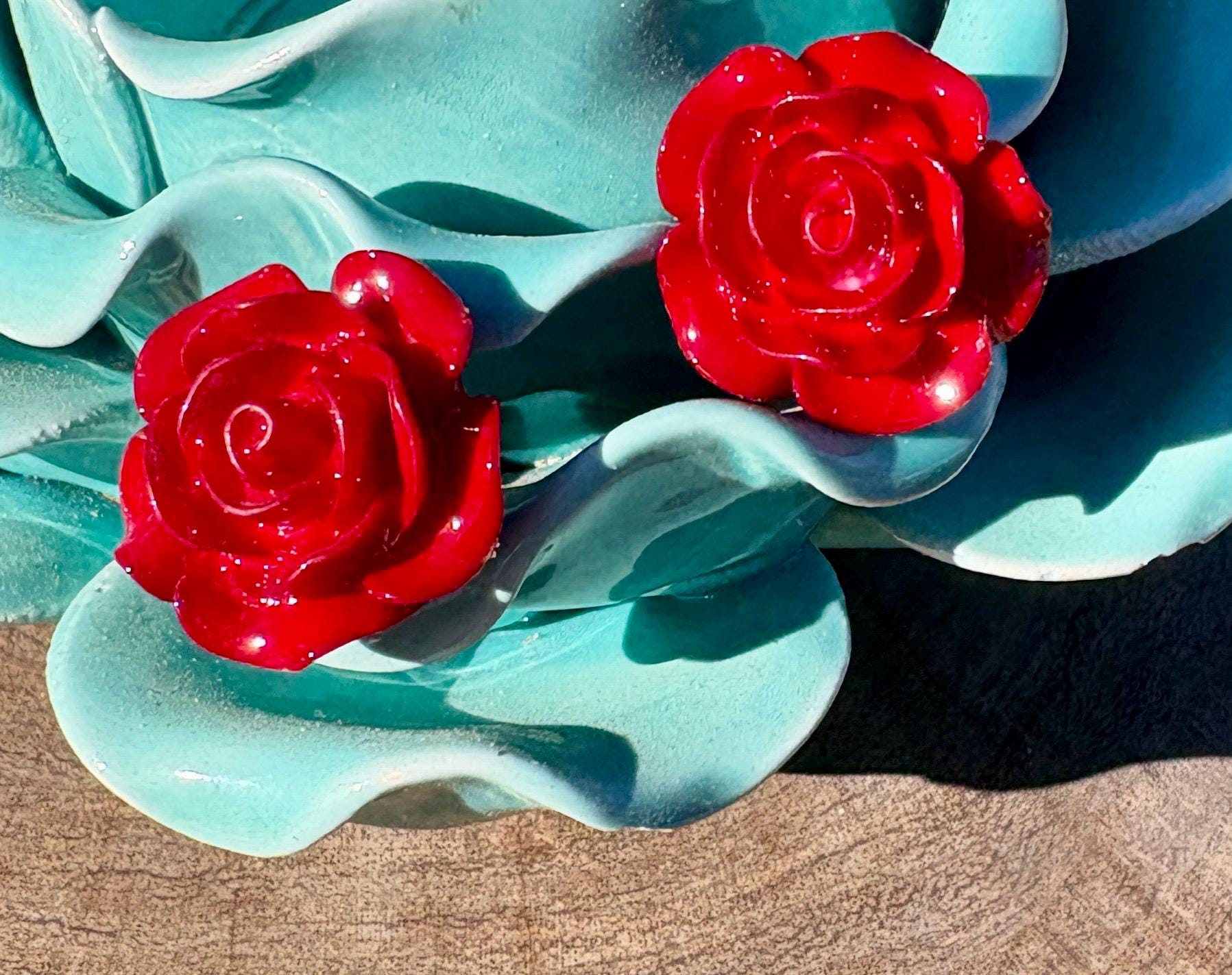 Gold Red Rose Flower Stud Earrings | Deep Dark Red Floral Earrings Consecrated Jewelry Co.