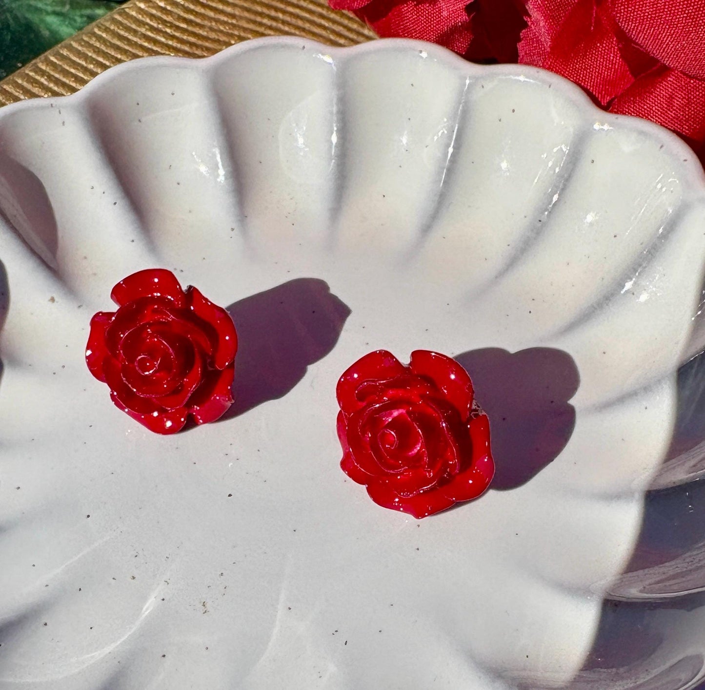 Gold Red Rose Flower Stud Earrings | Deep Dark Red Floral Earrings Consecrated Jewelry Co.