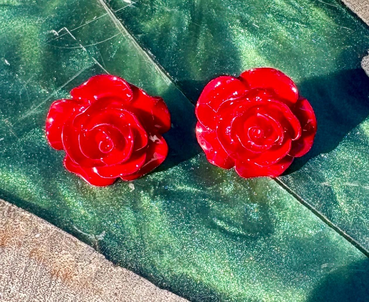 Gold Red Rose Flower Stud Earrings | Deep Dark Red Floral Earrings Consecrated Jewelry Co.