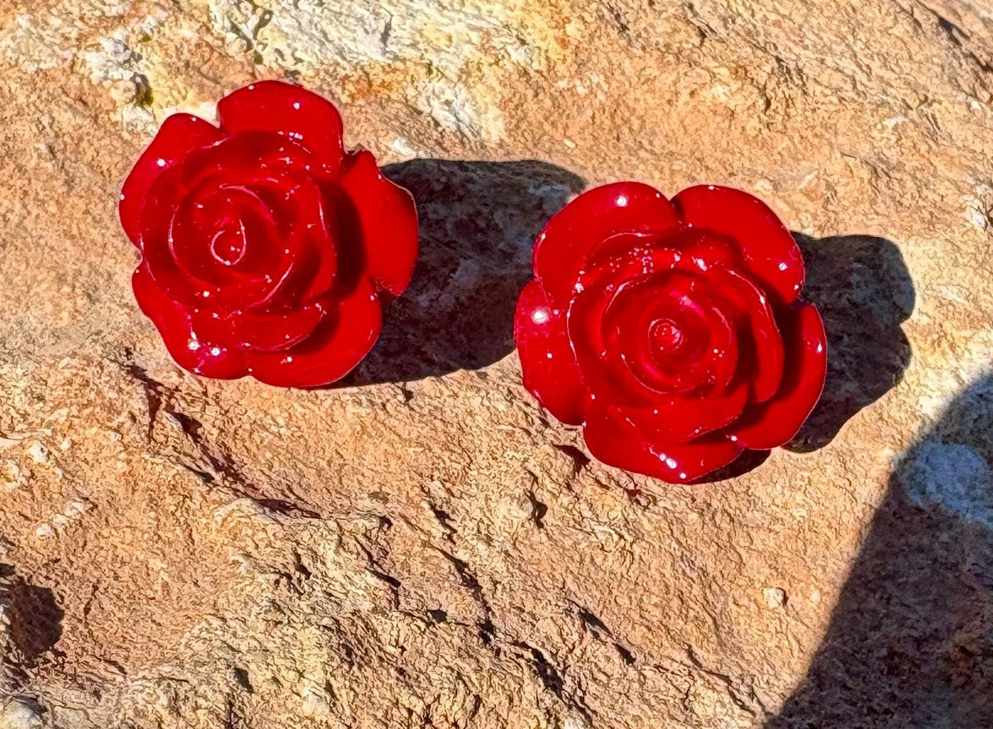 Gold Red Rose Flower Stud Earrings | Deep Dark Red Floral Earrings Consecrated Jewelry Co.