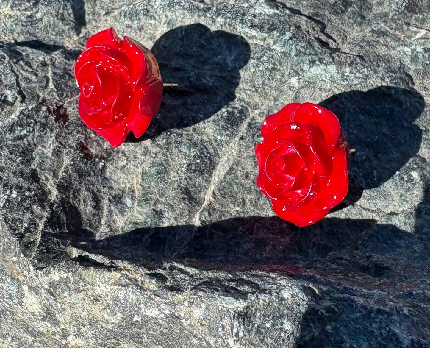 Gold Red Rose Flower Stud Earrings | Deep Dark Red Floral Earrings Consecrated Jewelry Co.
