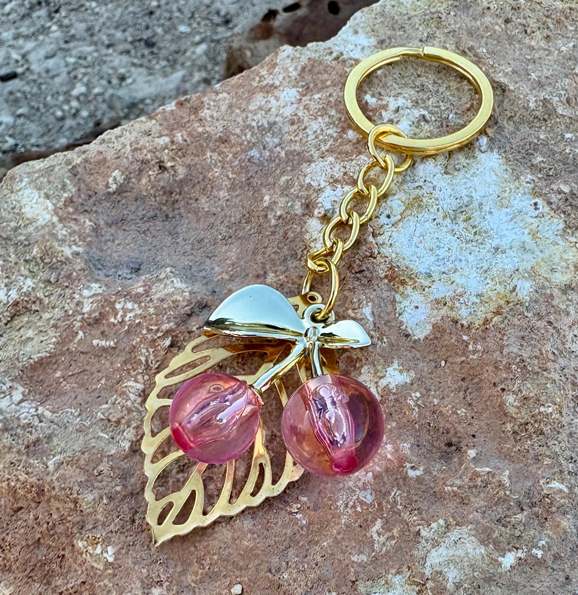 Gold & Pink Cherry Keychain | Bag Charm Valentine's Gift Keychains Consecrated Jewelry Co.