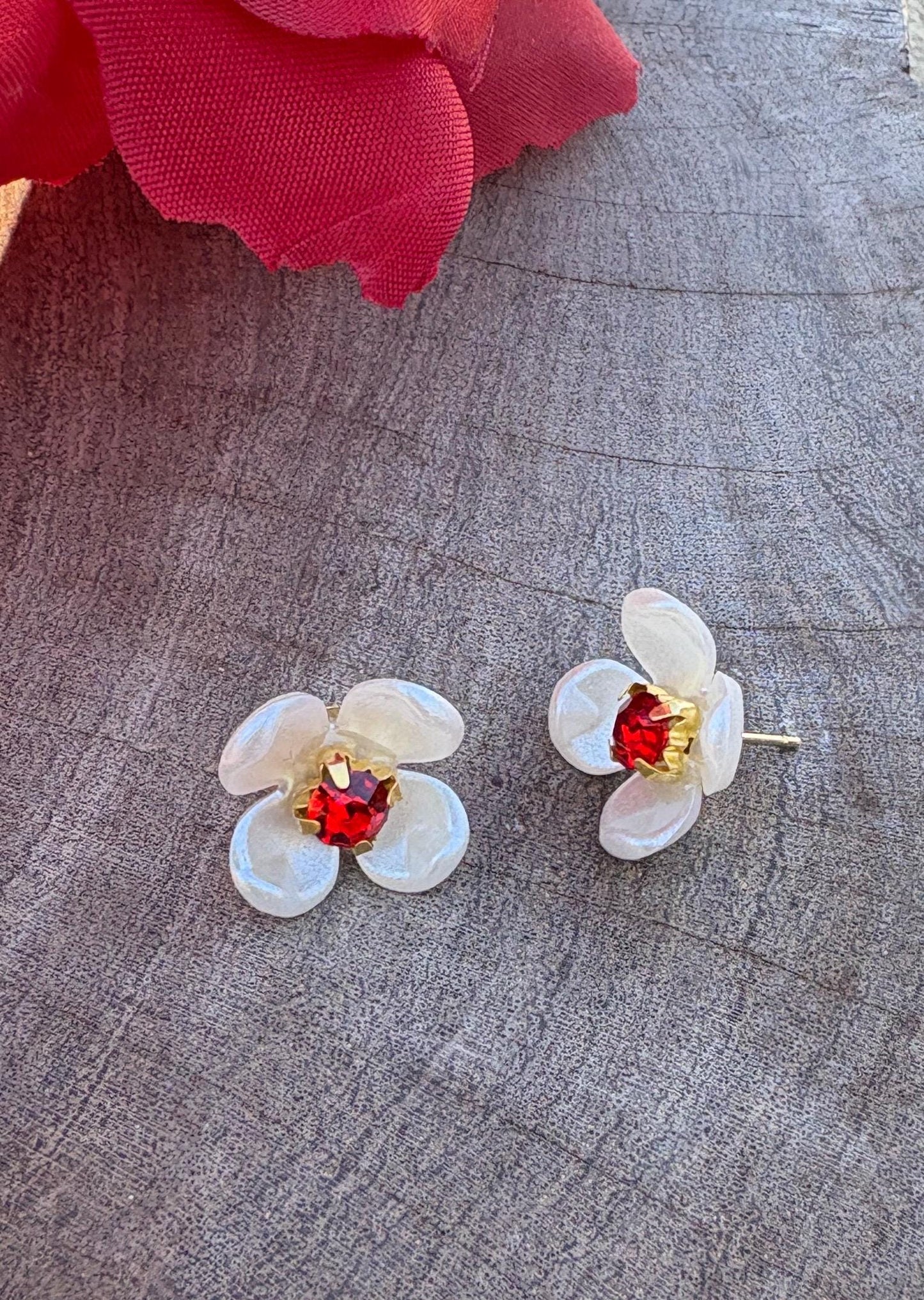 White & Red Floral Stud Earrings | Ruby Gemstone Center Earrings Consecrated Jewelry Co.