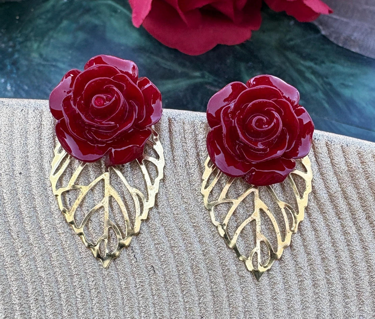 Gold Leaf Red Floral Earrings | Rose Flower & Gemstone Dangle Earrings Consecrated Jewelry Co.