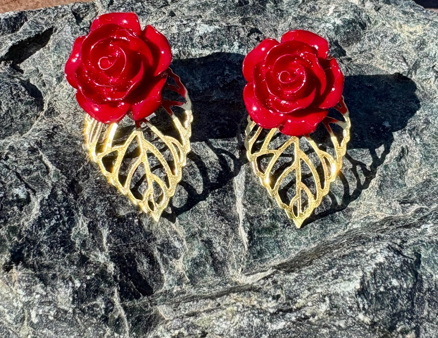 Gold Leaf Red Floral Earrings | Rose Flower & Gemstone Dangle Earrings Consecrated Jewelry Co.