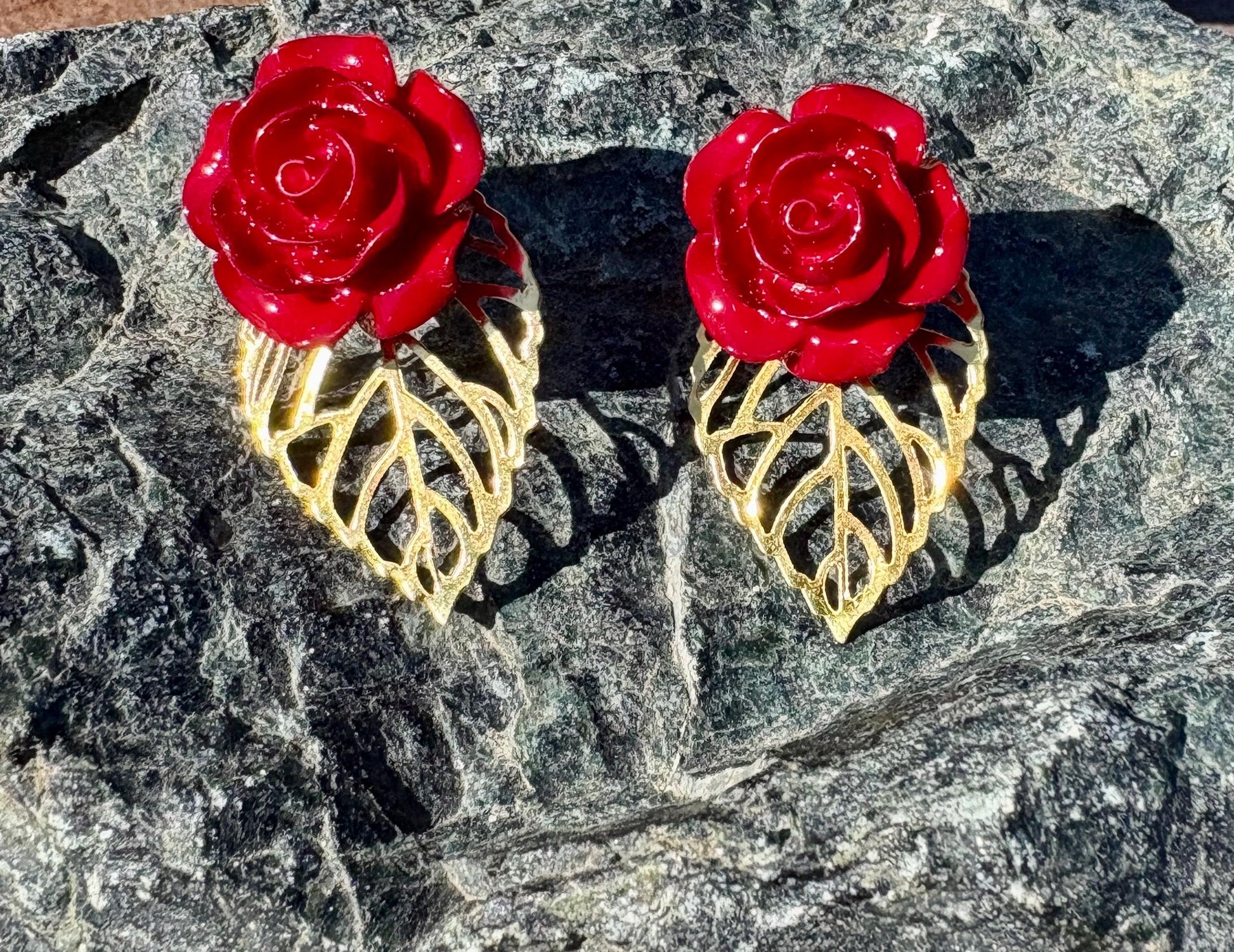 Gold Leaf Red Floral Earrings | Rose Flower & Gemstone Dangle Earrings Consecrated Jewelry Co.