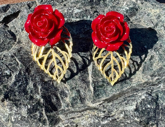 Gold Leaf Red Floral Earrings | Rose Flower & Gemstone Dangle Earrings Consecrated Jewelry Co.