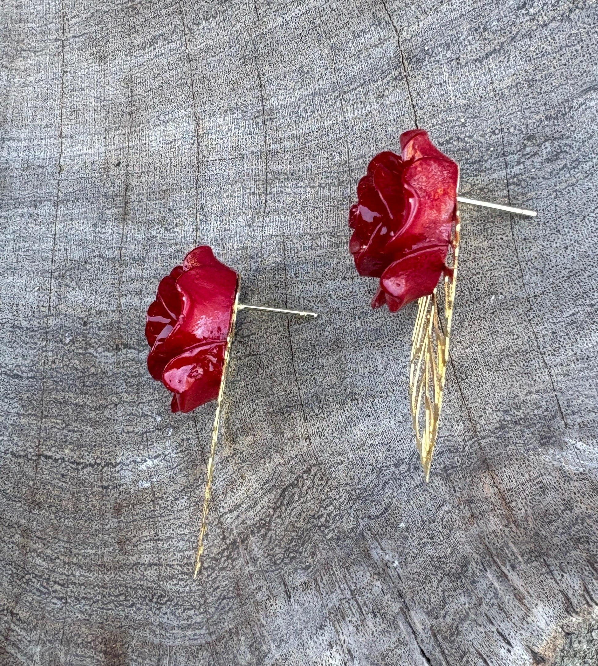 Gold Leaf Red Floral Earrings | Rose Flower & Gemstone Dangle Earrings Consecrated Jewelry Co.