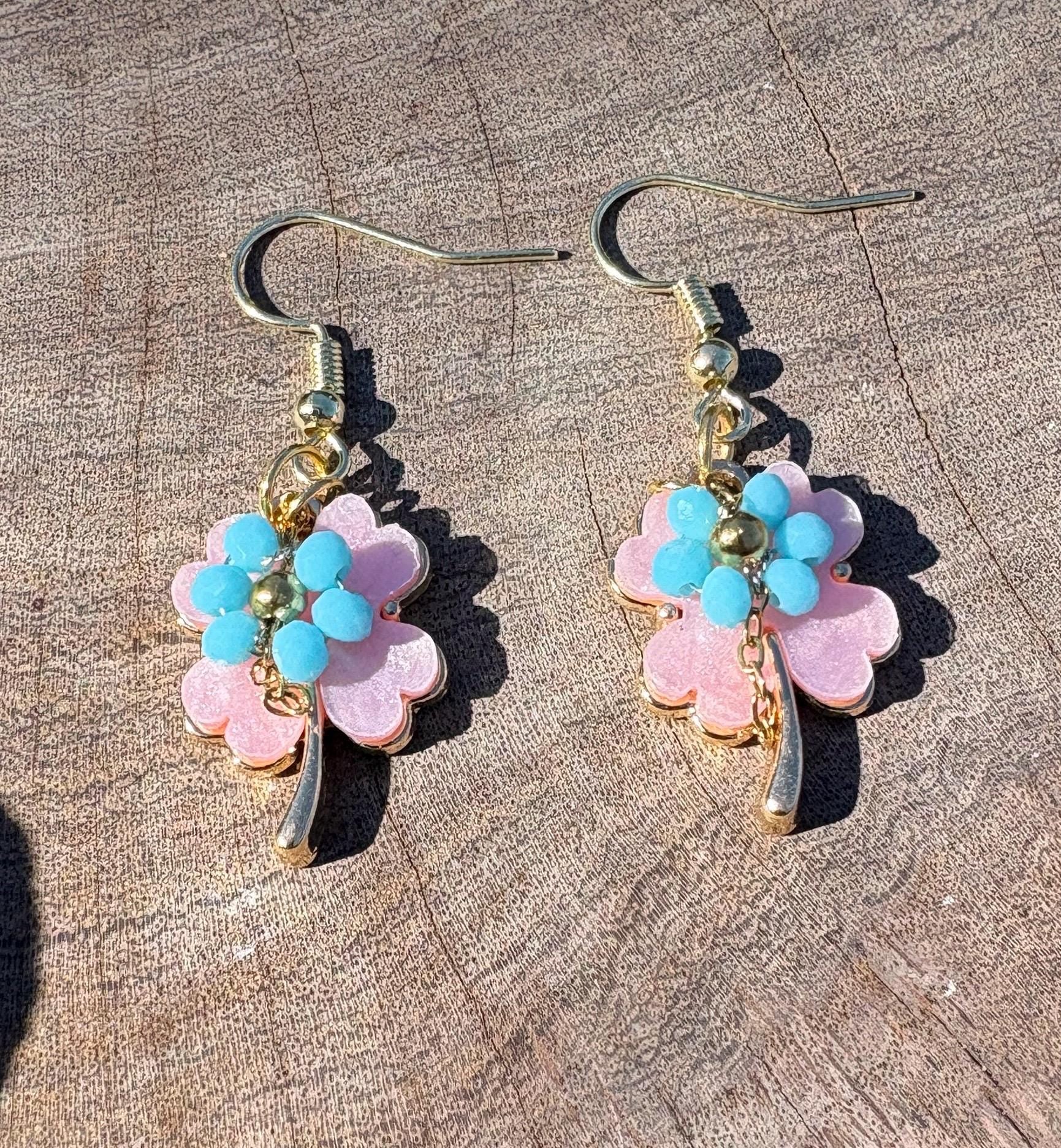Pink & Blue Leaf Dangle Earrings | Lucky Clover Pastel Floral Earrings Consecrated Jewelry Co.