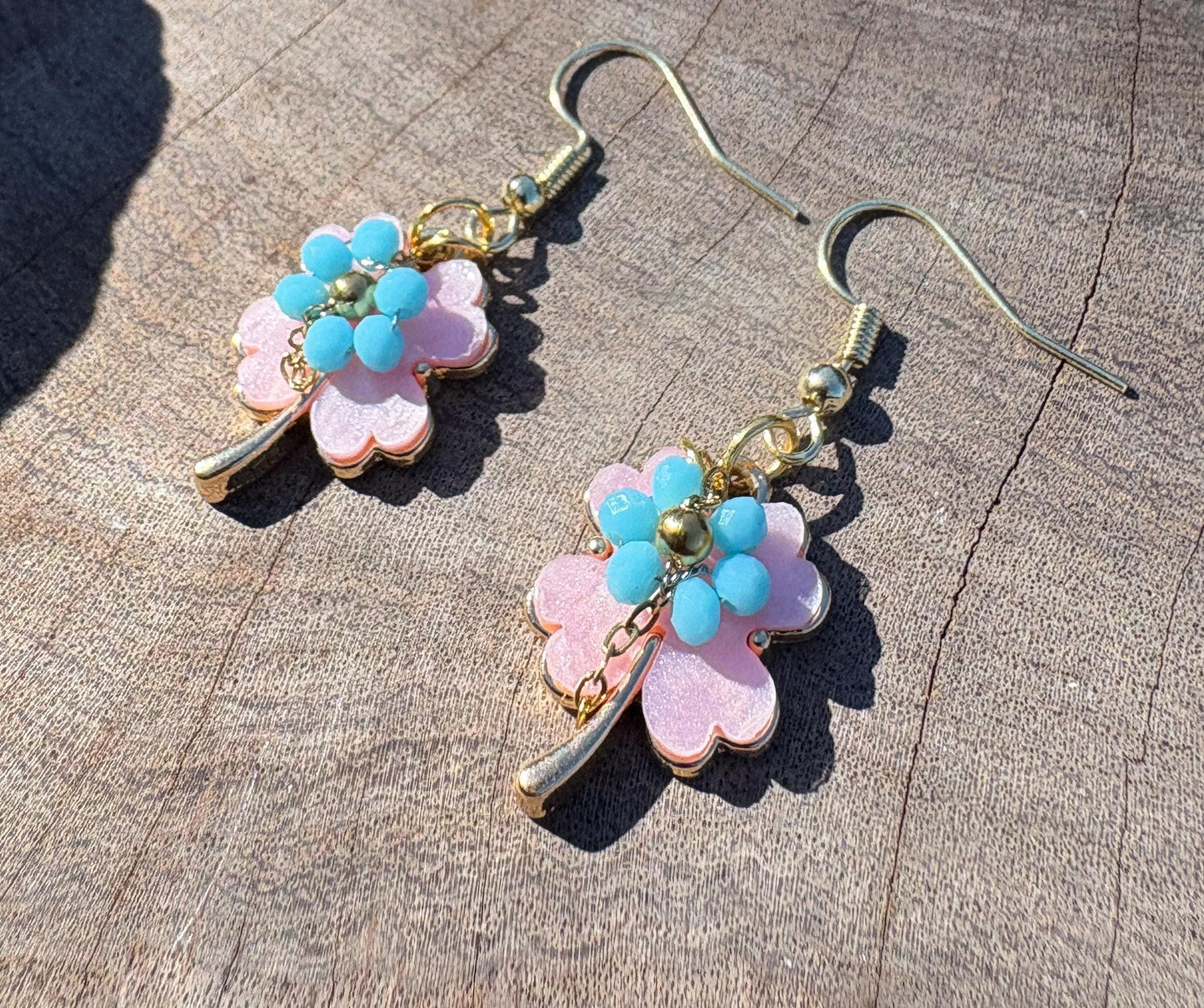 Pink & Blue Leaf Dangle Earrings | Lucky Clover Pastel Floral Earrings Consecrated Jewelry Co.