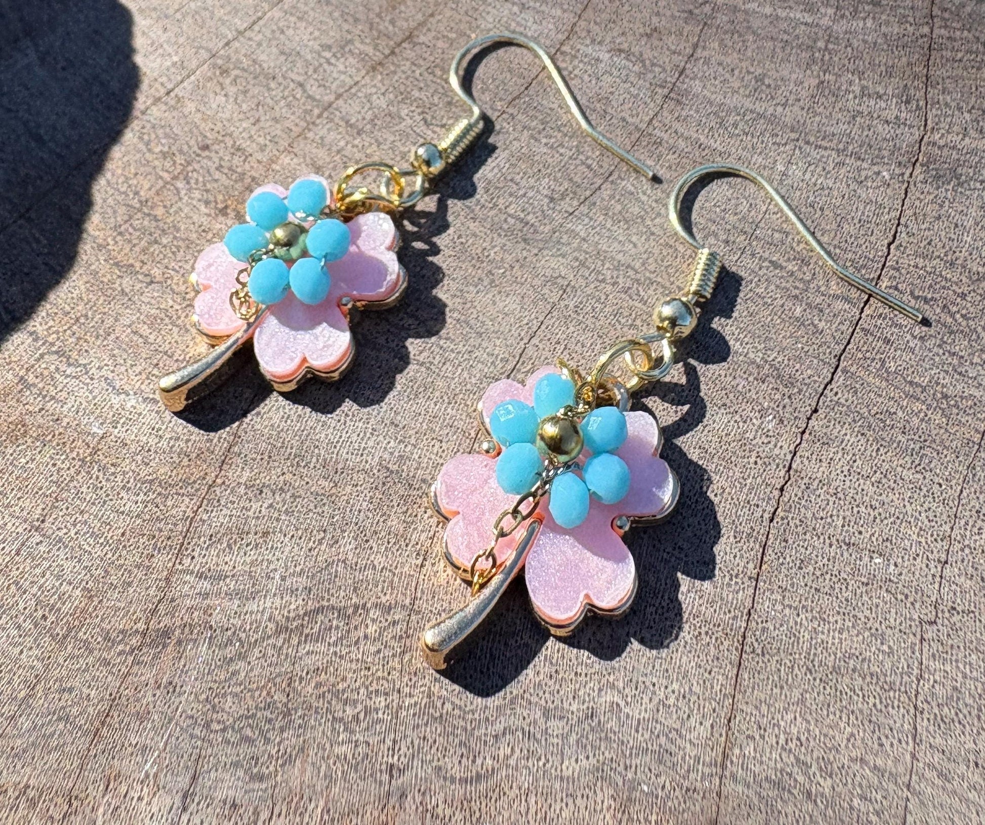 Pink & Blue Leaf Dangle Earrings | Lucky Clover Pastel Floral Earrings Consecrated Jewelry Co.