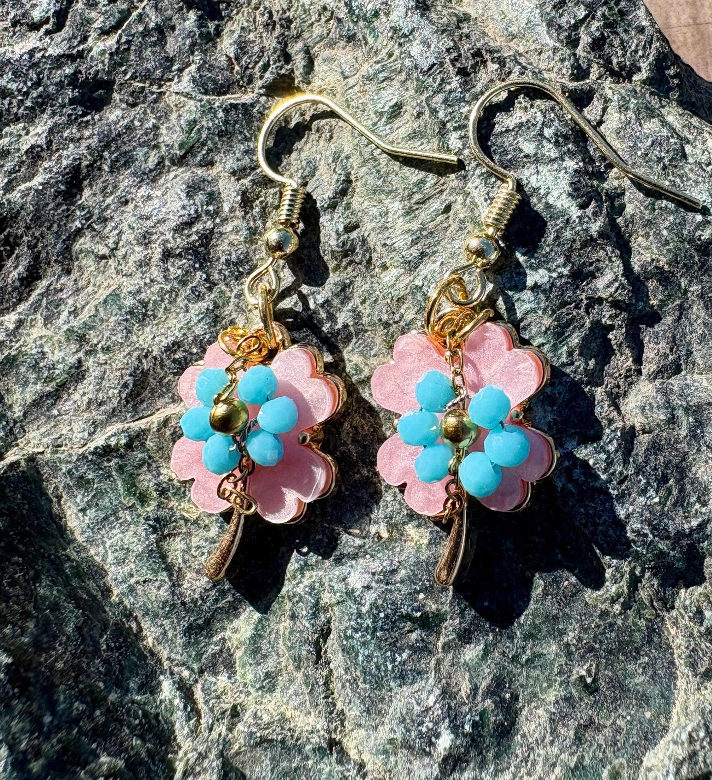 Pink & Blue Leaf Dangle Earrings | Lucky Clover Pastel Floral Earrings Consecrated Jewelry Co.