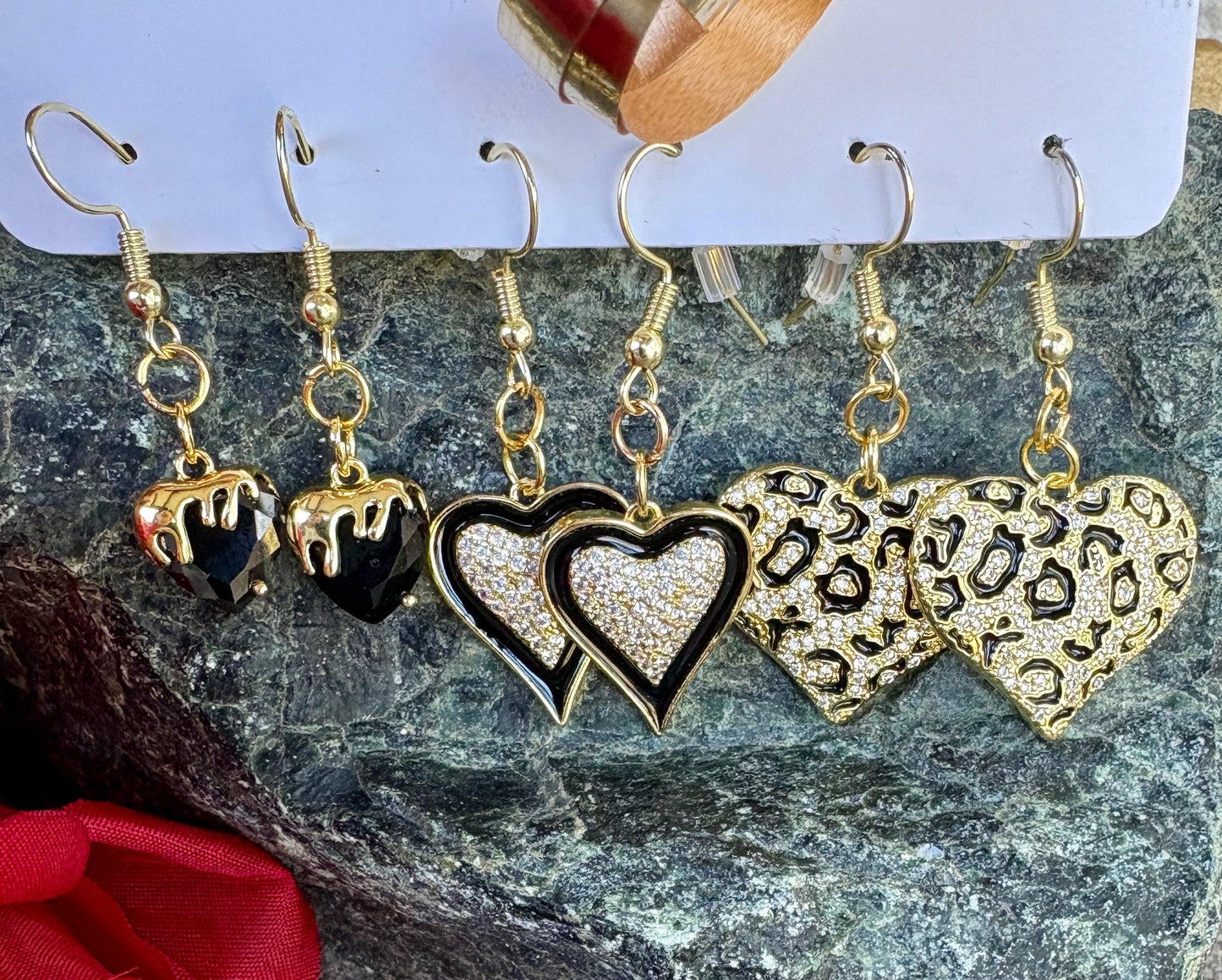Gold & Black Heart Dangle Earrings | Leopard & Sparkling Accents Earrings Consecrated Jewelry Co.