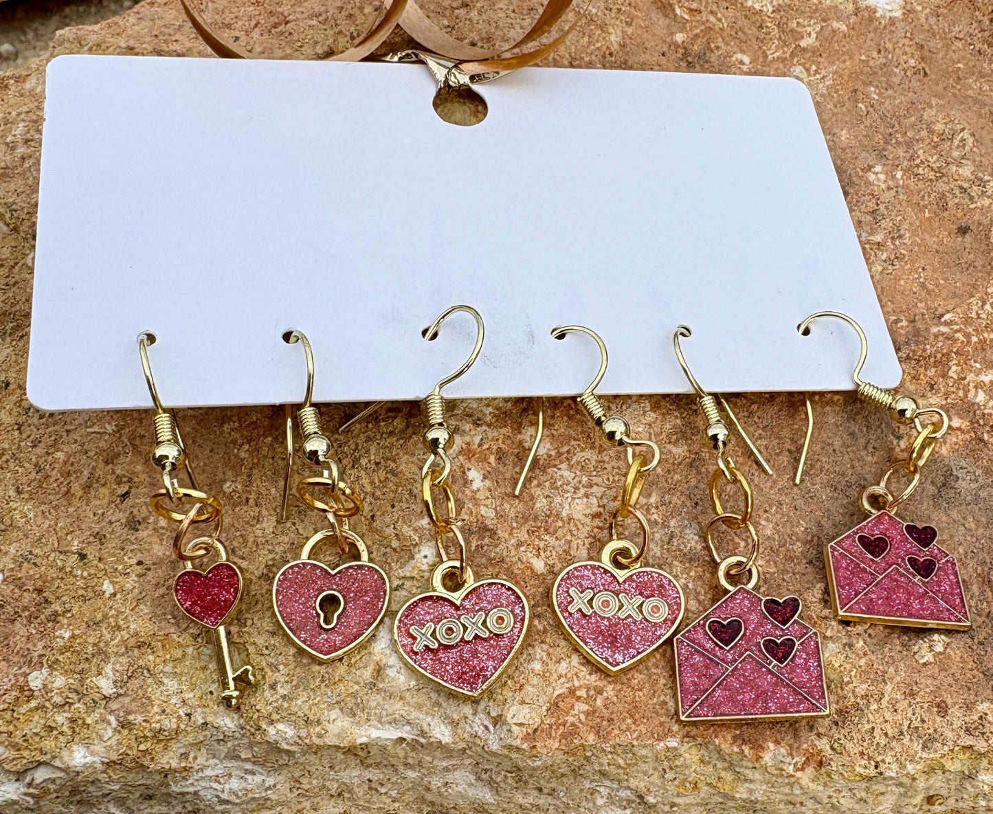 Gold & Pink Heart Earrings | Set of 3 | Lock, XOXO & Love Letter Earrings Consecrated Jewelry Co.