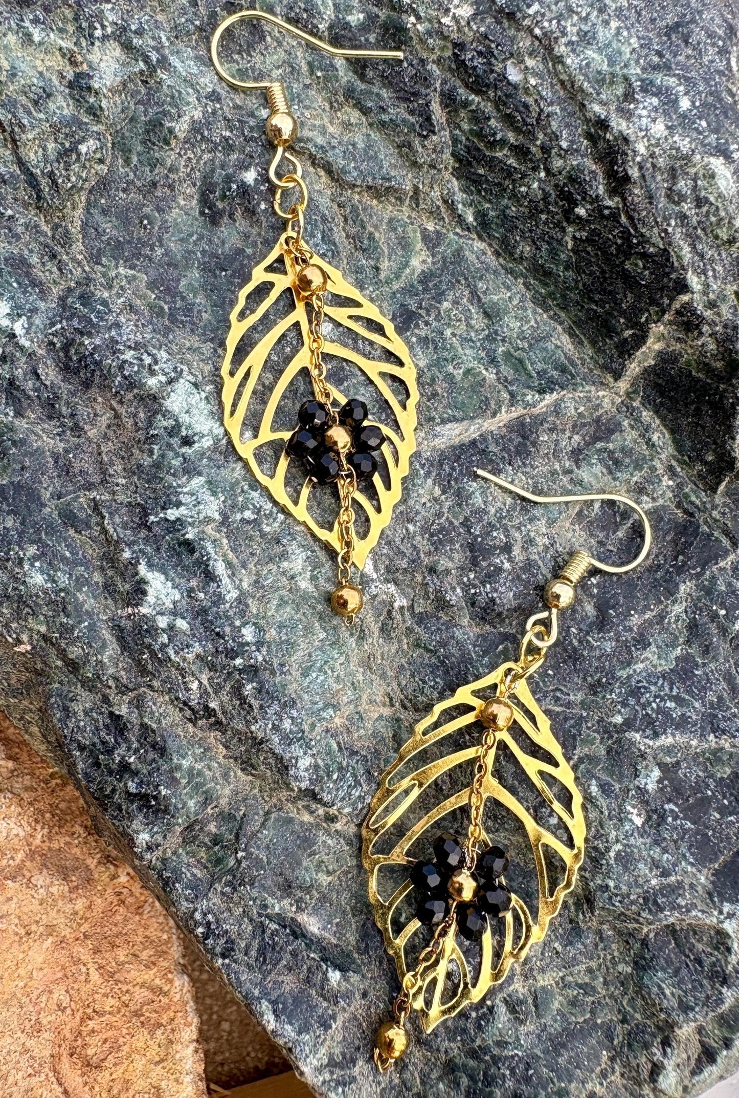 Gold Leaf & Black Floral Earrings | Black Flower Dangle Chain Earrings Consecrated Jewelry Co.
