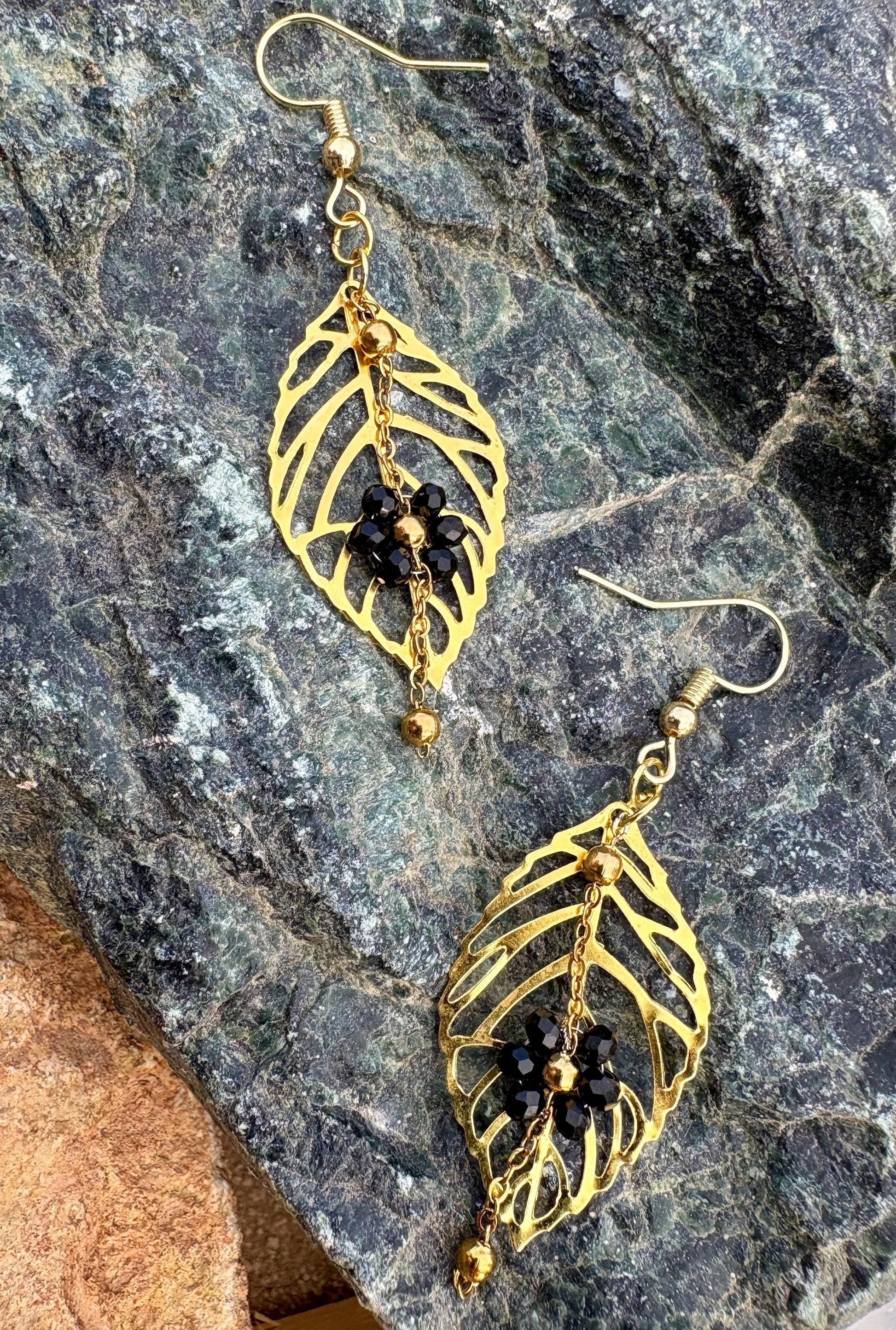 Gold Leaf & Black Floral Earrings | Black Flower Dangle Chain Earrings Consecrated Jewelry Co.