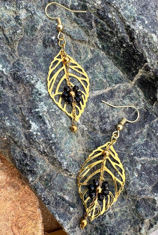 Gold Leaf & Black Floral Earrings | Black Flower Dangle Chain Earrings Consecrated Jewelry Co.