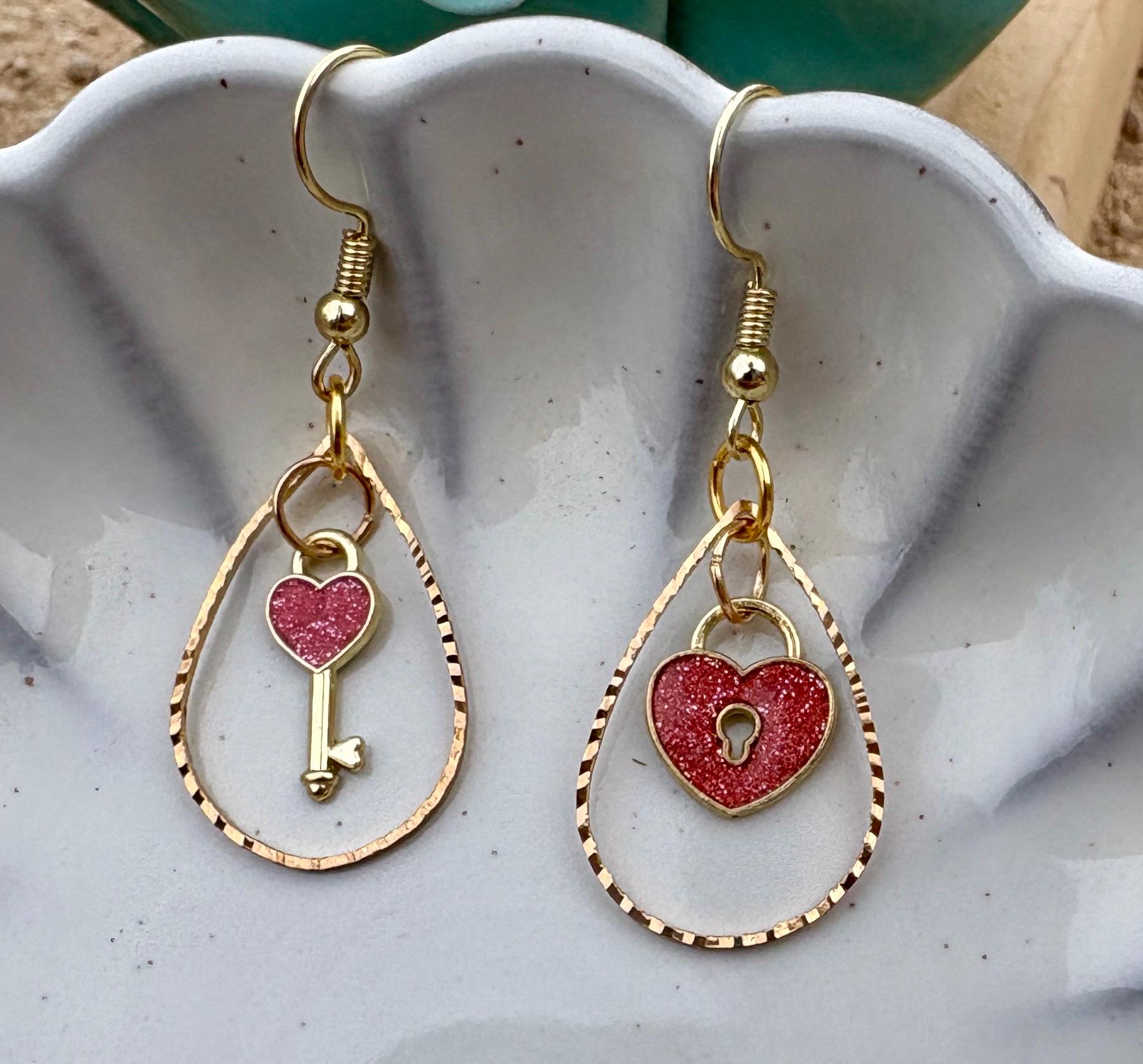 Gold & Pink Heart Earrings | Teardrop Frame Glitter Key & Lock Earrings Consecrated Jewelry Co.