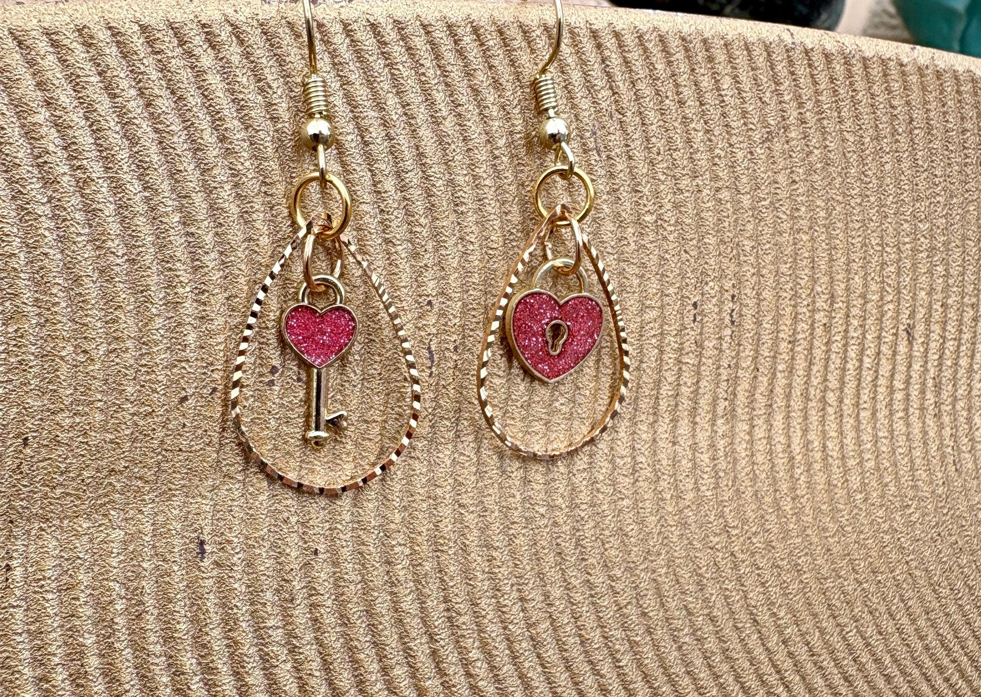 Gold & Pink Heart Earrings | Teardrop Frame Glitter Key & Lock Earrings Consecrated Jewelry Co.