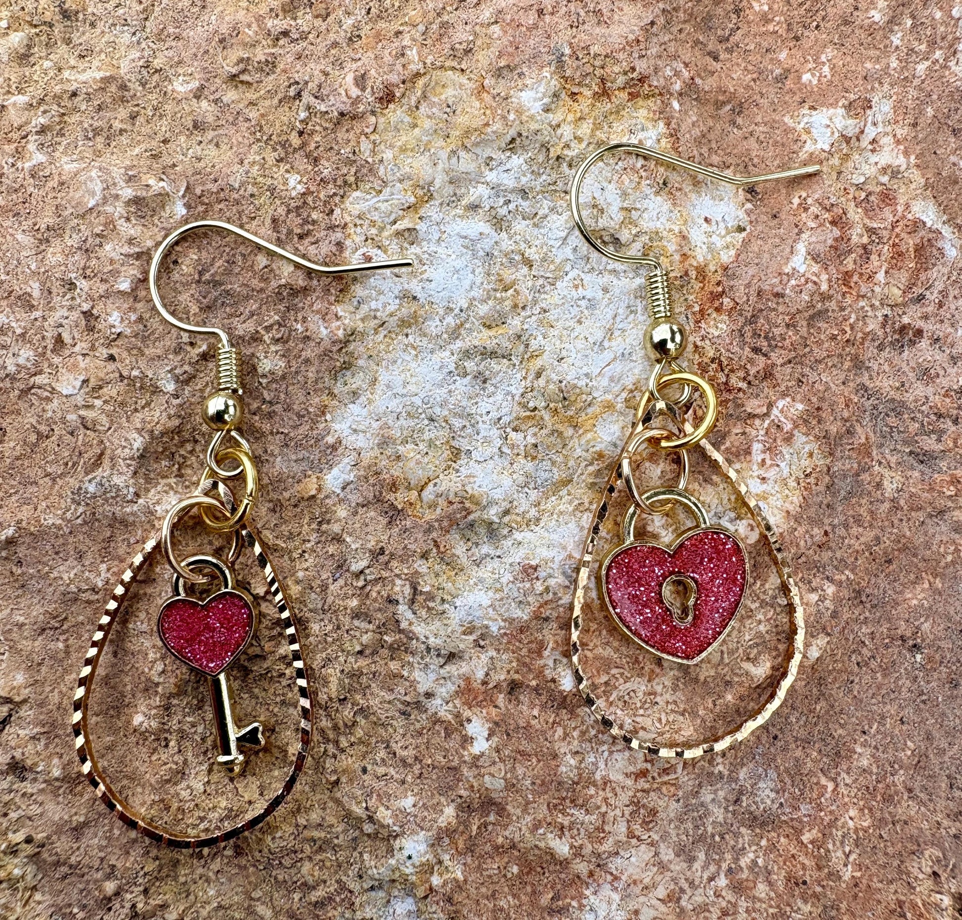 Gold & Pink Heart Earrings | Teardrop Frame Glitter Key & Lock Earrings Consecrated Jewelry Co.