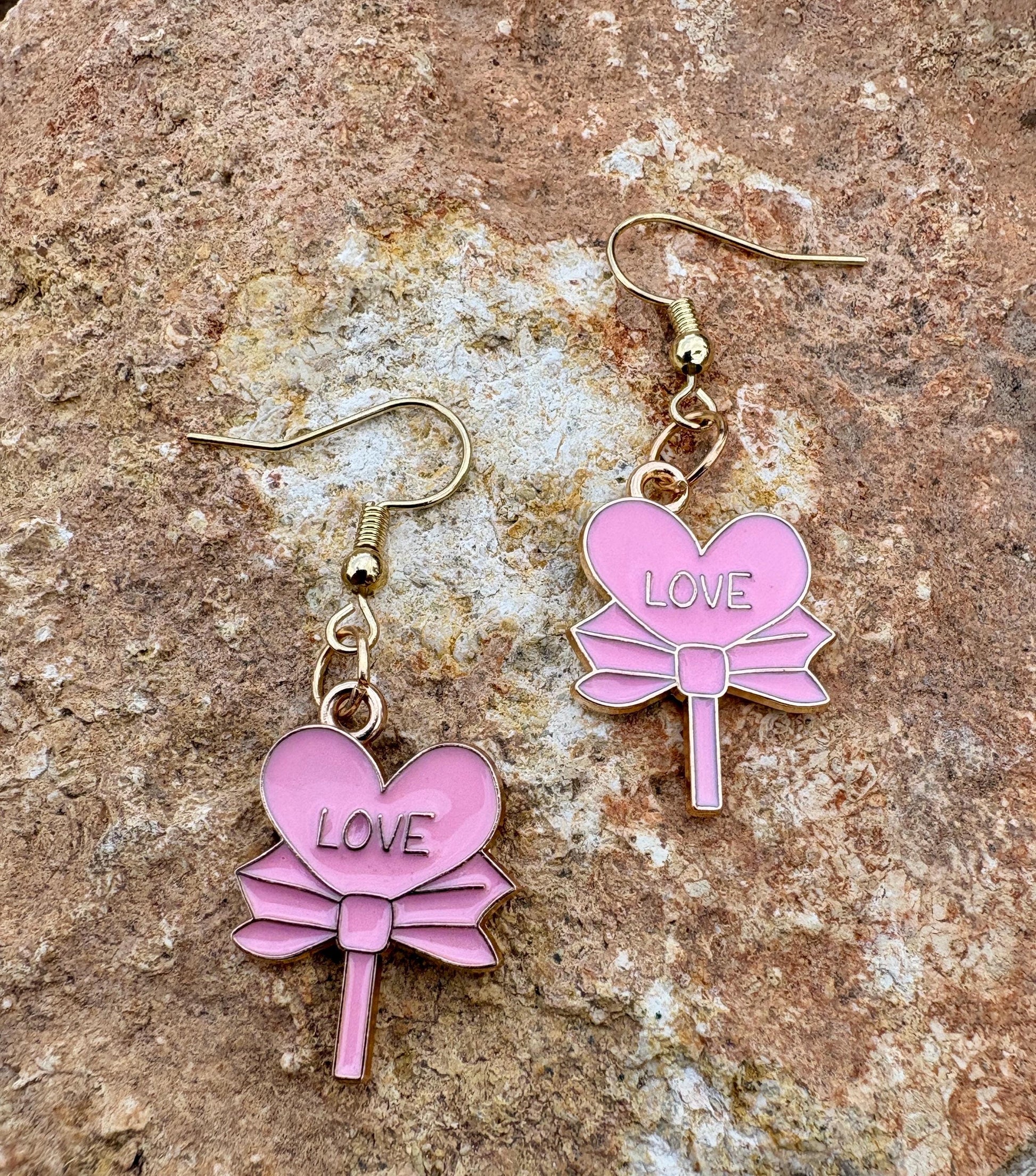 Gold & Pink Dangle Heart Earrings | Love Bows Valentine's Earrings Consecrated Jewelry Co.