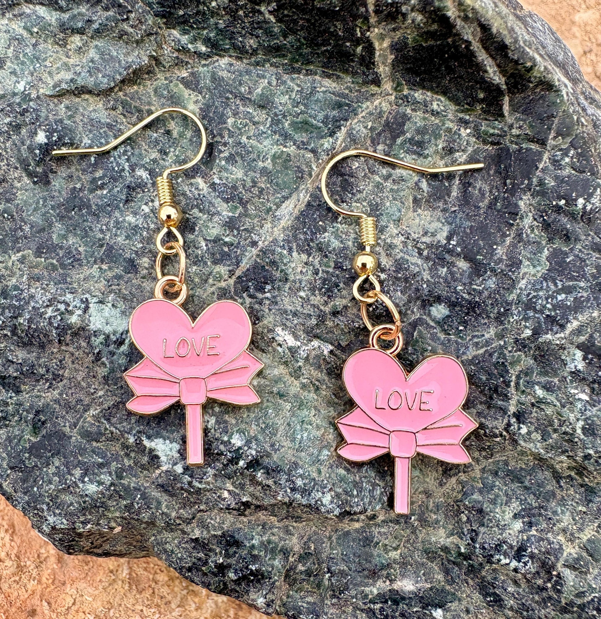 Gold & Pink Dangle Heart Earrings | Love Bows Valentine's Earrings Consecrated Jewelry Co.