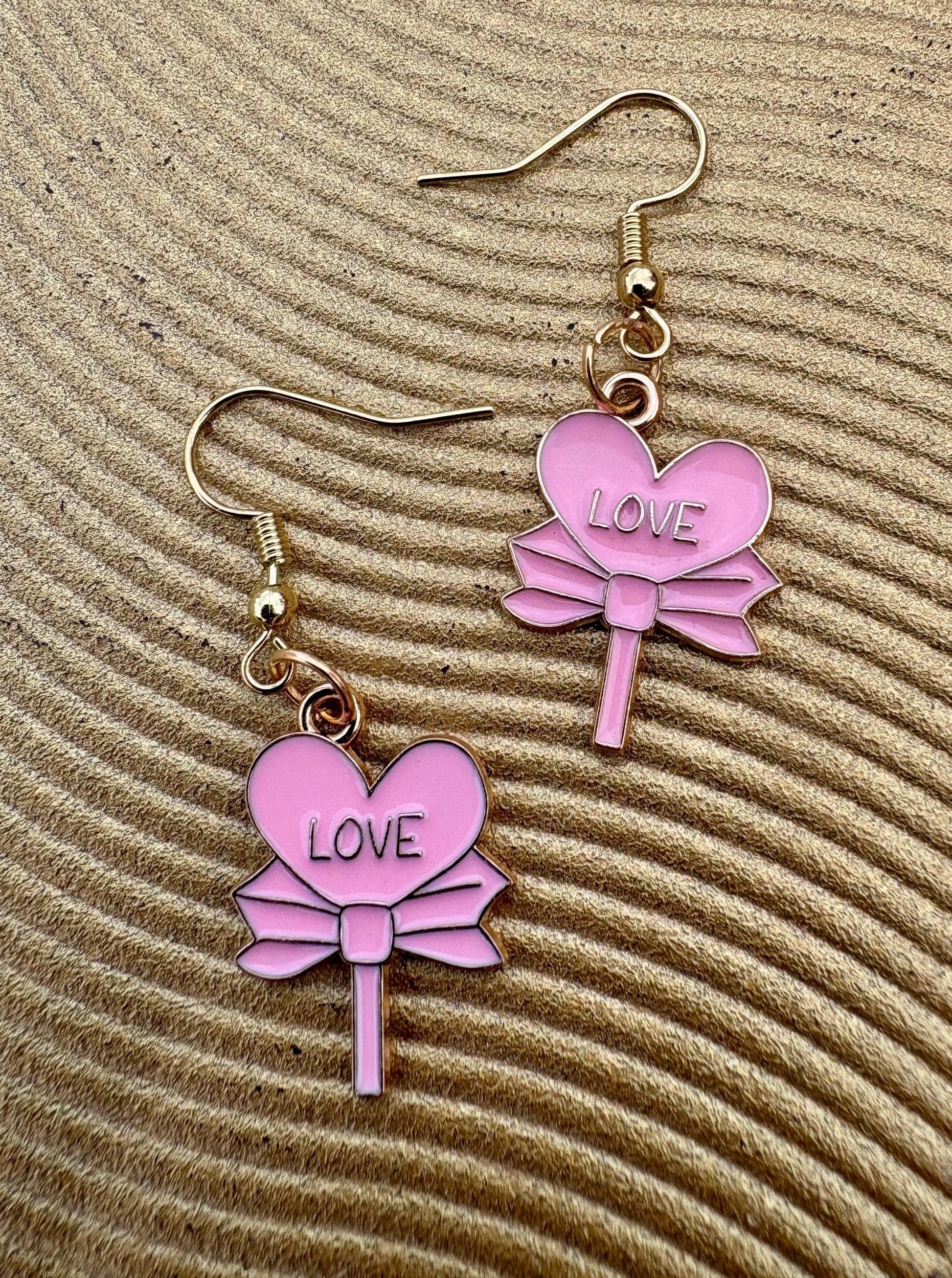 Gold & Pink Dangle Heart Earrings | Love Bows Valentine's Earrings Consecrated Jewelry Co.