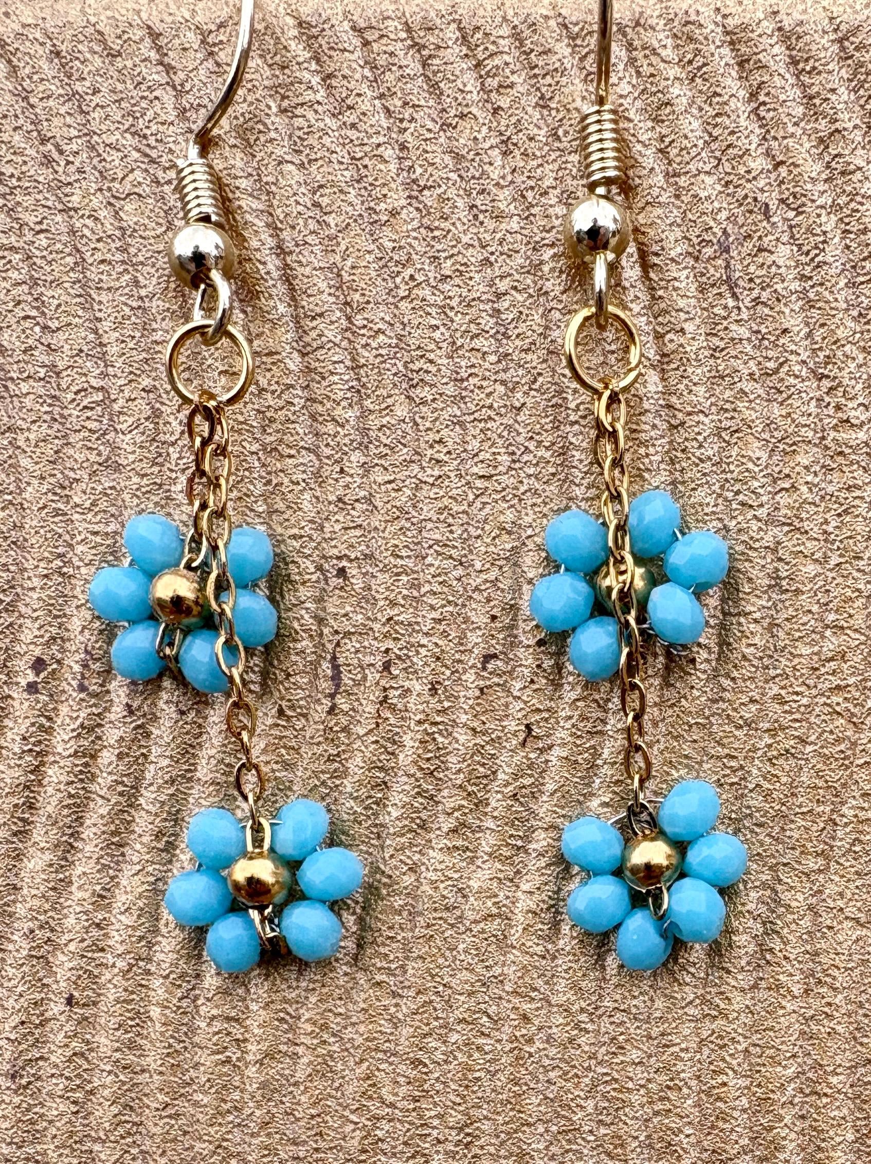 Gold & Black Floral Earrings | Blue Flower Dangle Chain Set of 2 Earrings Consecrated Jewelry Co.