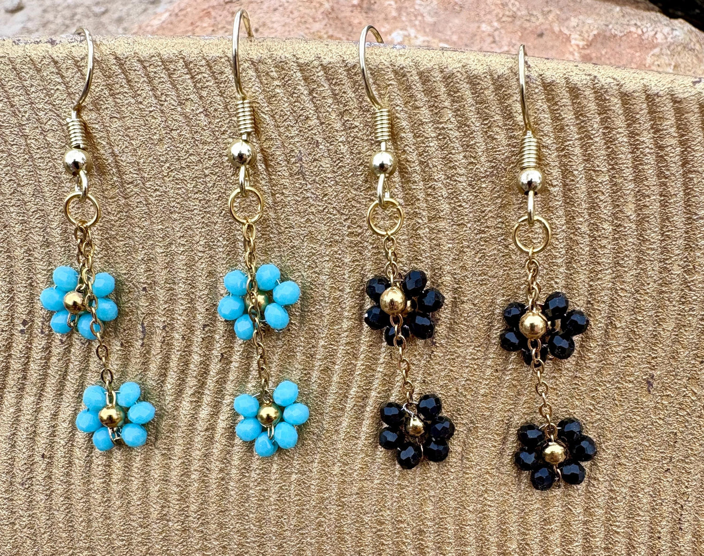 Gold & Black Floral Earrings | Blue Flower Dangle Chain Set of 2 Earrings Consecrated Jewelry Co.