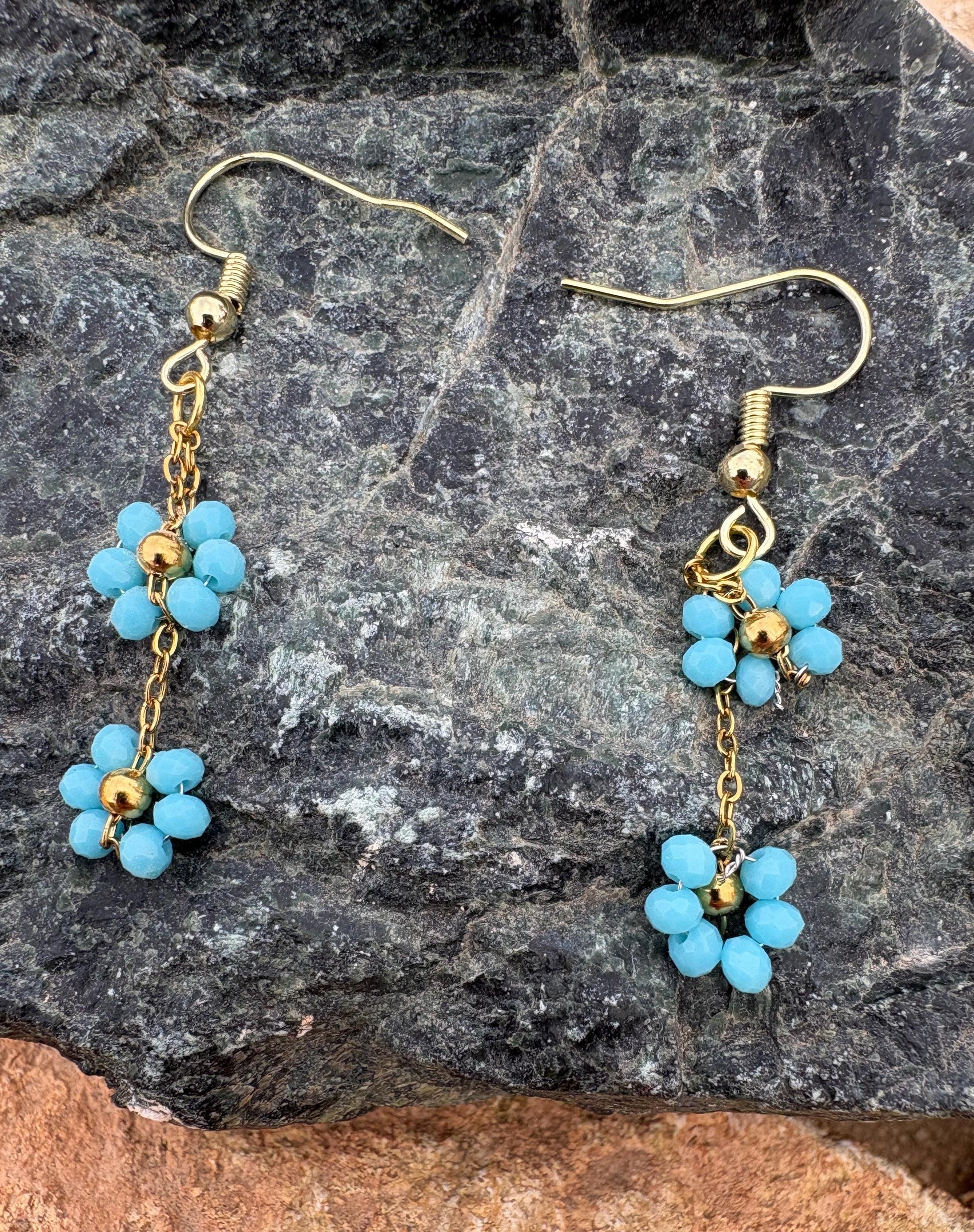 Gold & Black Floral Earrings | Blue Flower Dangle Chain Set of 2 Earrings Consecrated Jewelry Co.