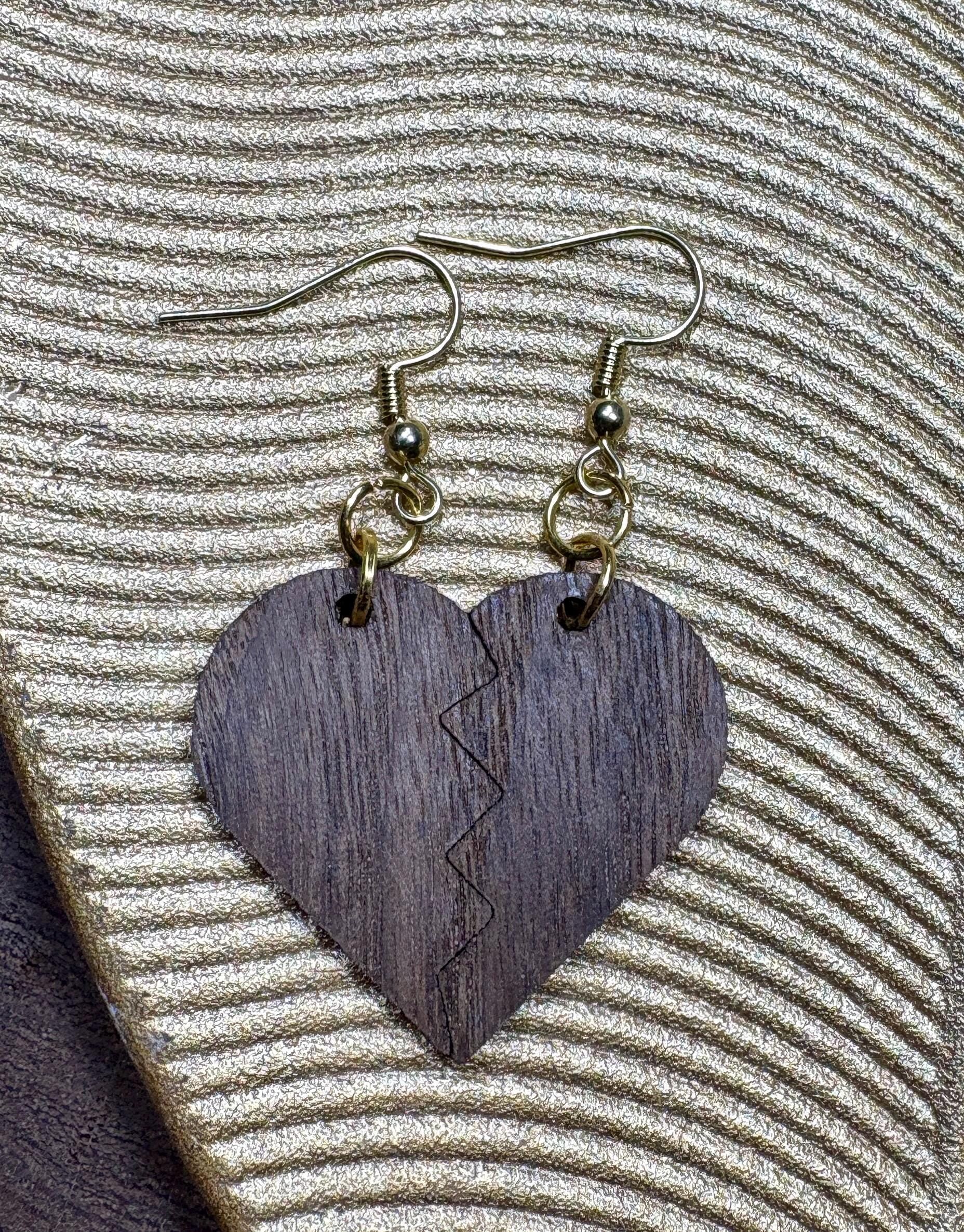 Black Walnut Broken Heart Earrings | Handmade Wood Dangle Earrings Consecrated Jewelry Co.