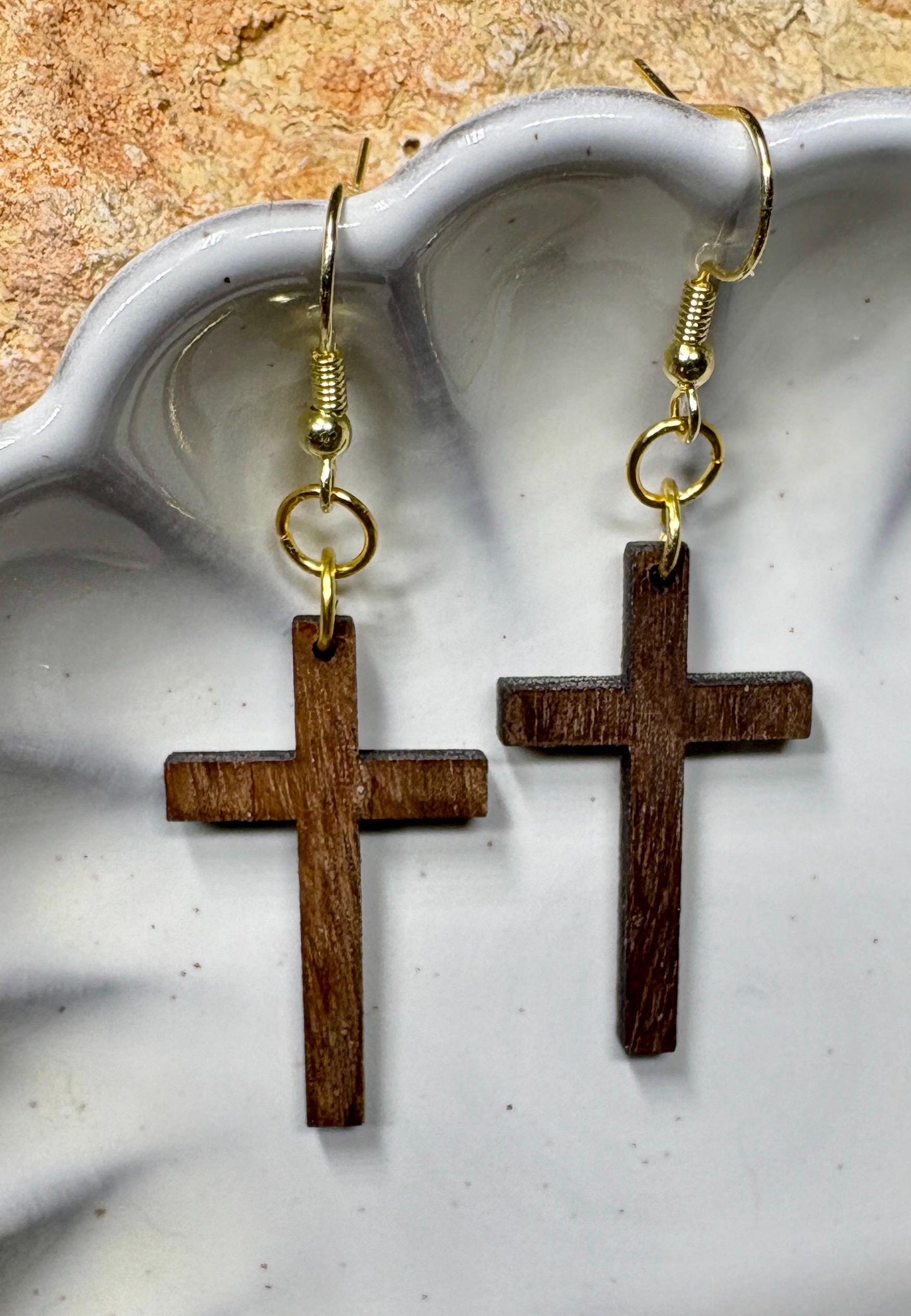Black Walnut Wood Cross Earrings | Christian Faith Dangle Earrings Consecrated Jewelry Co.