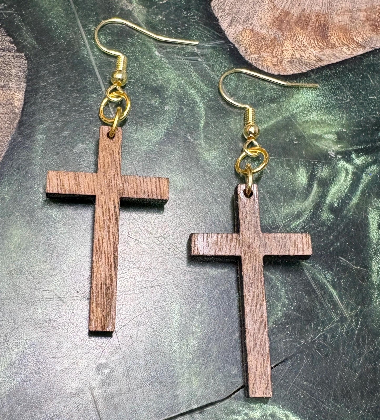 Black Walnut Wood Cross Earrings | Christian Faith Dangle Earrings Consecrated Jewelry Co.